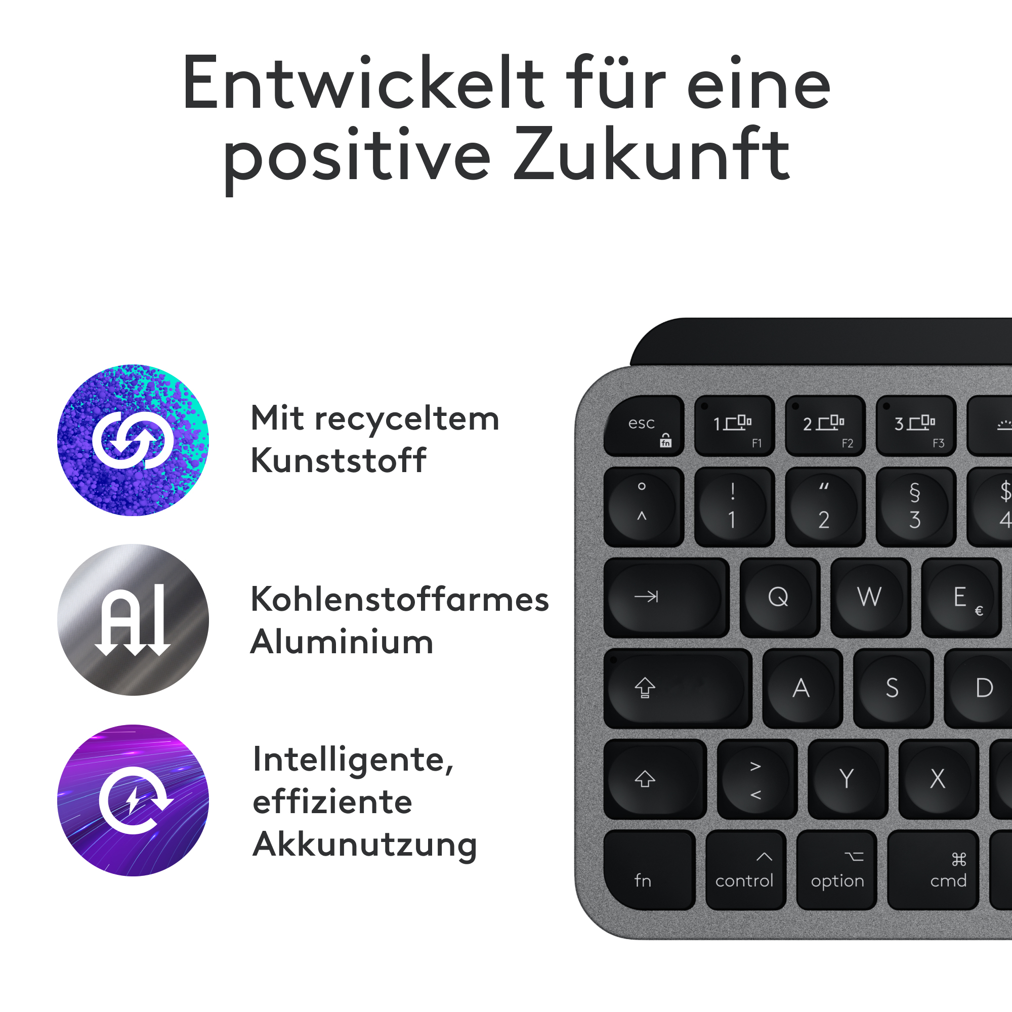 Klawiatura z tworzywa z recyklingu, aluminium i efektywne wykorzystanie baterii. Tekst: Stworzone dla pozytywnej przyszłości.