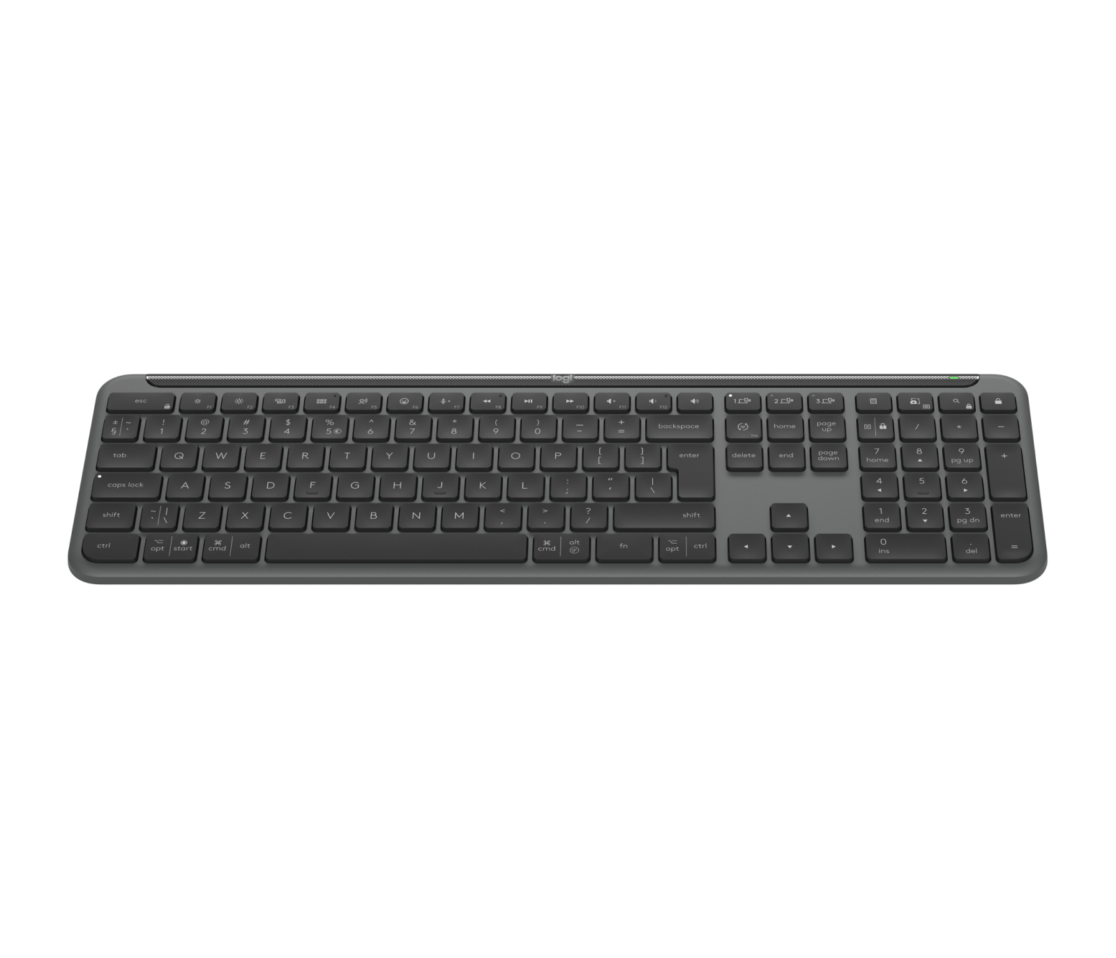 Grijs toetsenbord met veel toetsen. Logitech-logo bovenaan.