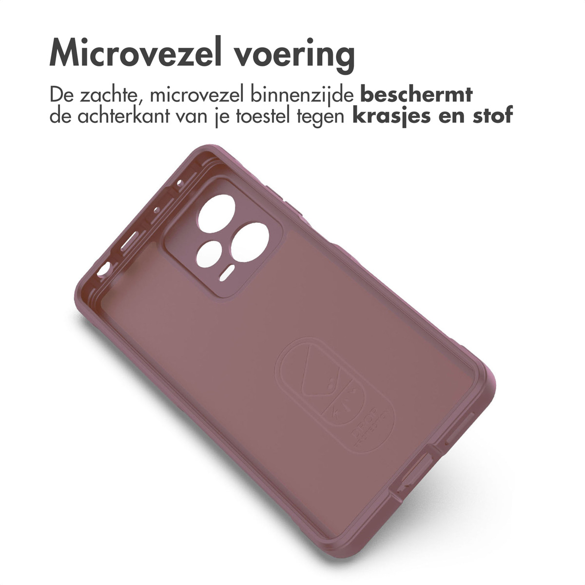 Une coque de téléphone rose. Texte en néerlandais indiquant qu'elle protégera l'arrière des rayures et de la poussière.