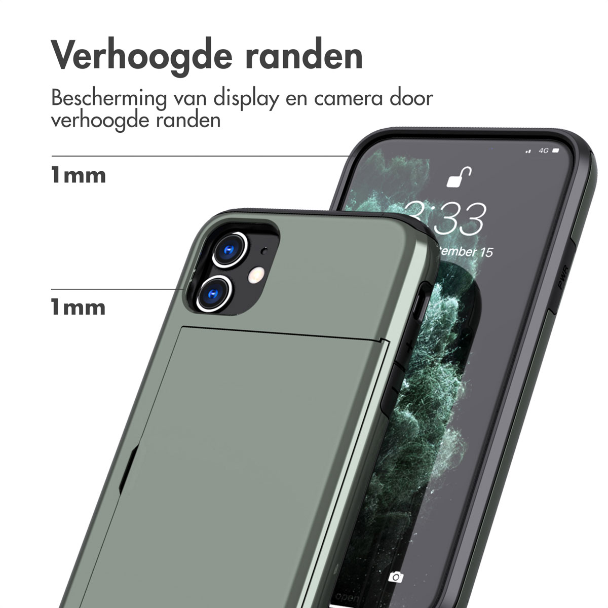 Close-up van een telefoonhoesje met een telefoon erin. Toont verhoogde randen voor bescherming.