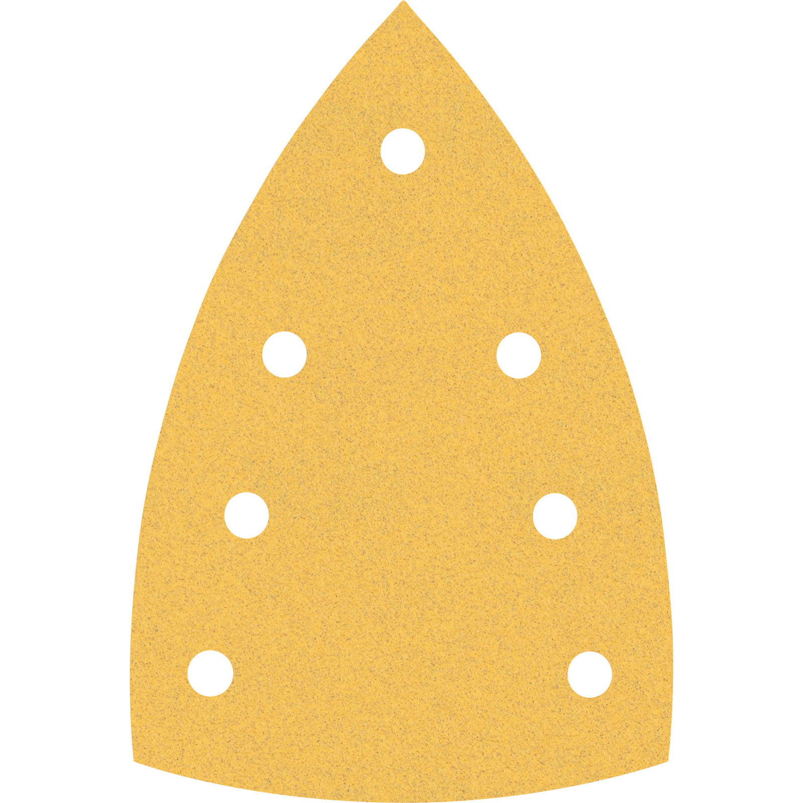 Ein gelbes Schleifpapier mit sechs weißen kreisförmigen Löchern auf weißem Hintergrund. Es hat eine dreieckige Form.