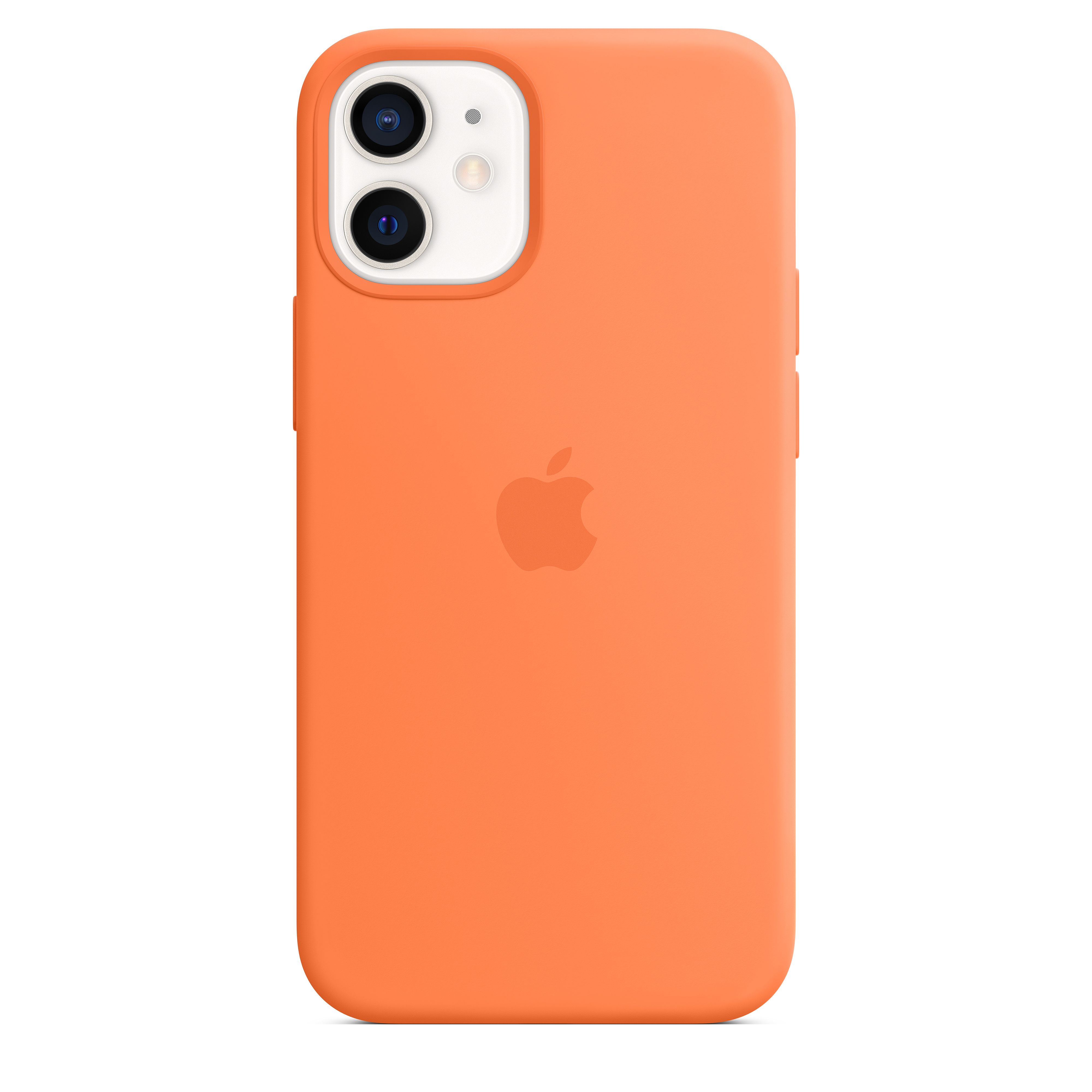 Pomarańczowe etui na iPhone'a z logo Apple z tyłu. Biały aparat i lampa błyskowa.
