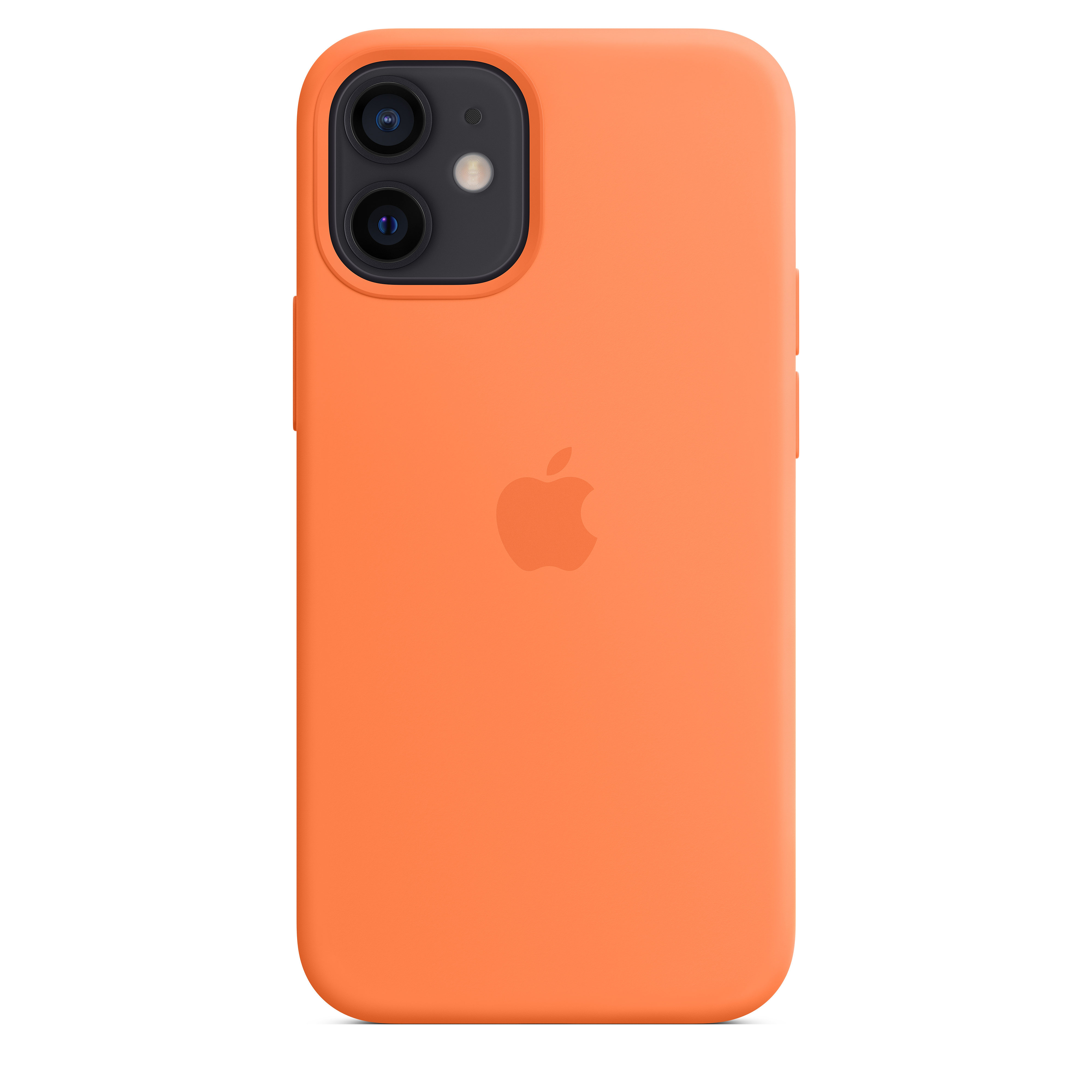 Pomarańczowe etui na iPhone z logo Apple na białym tle.