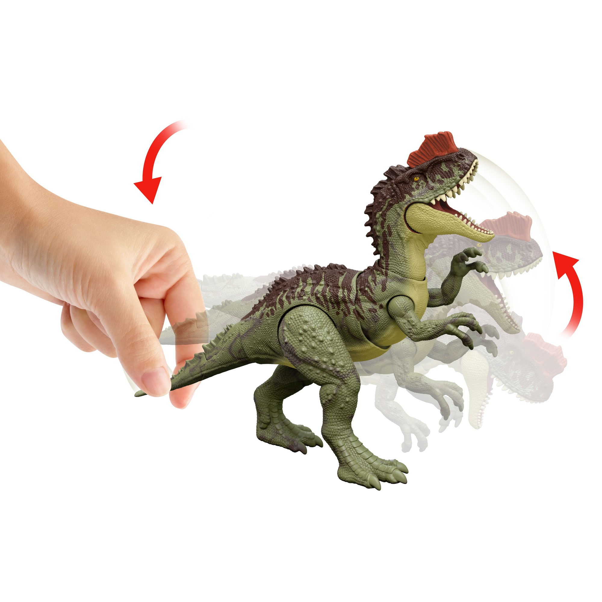 Ein Dinosaurier-Spielzeug, das von einer Hand bewegt wird. Rote Pfeile zeigen die Bewegung an.
