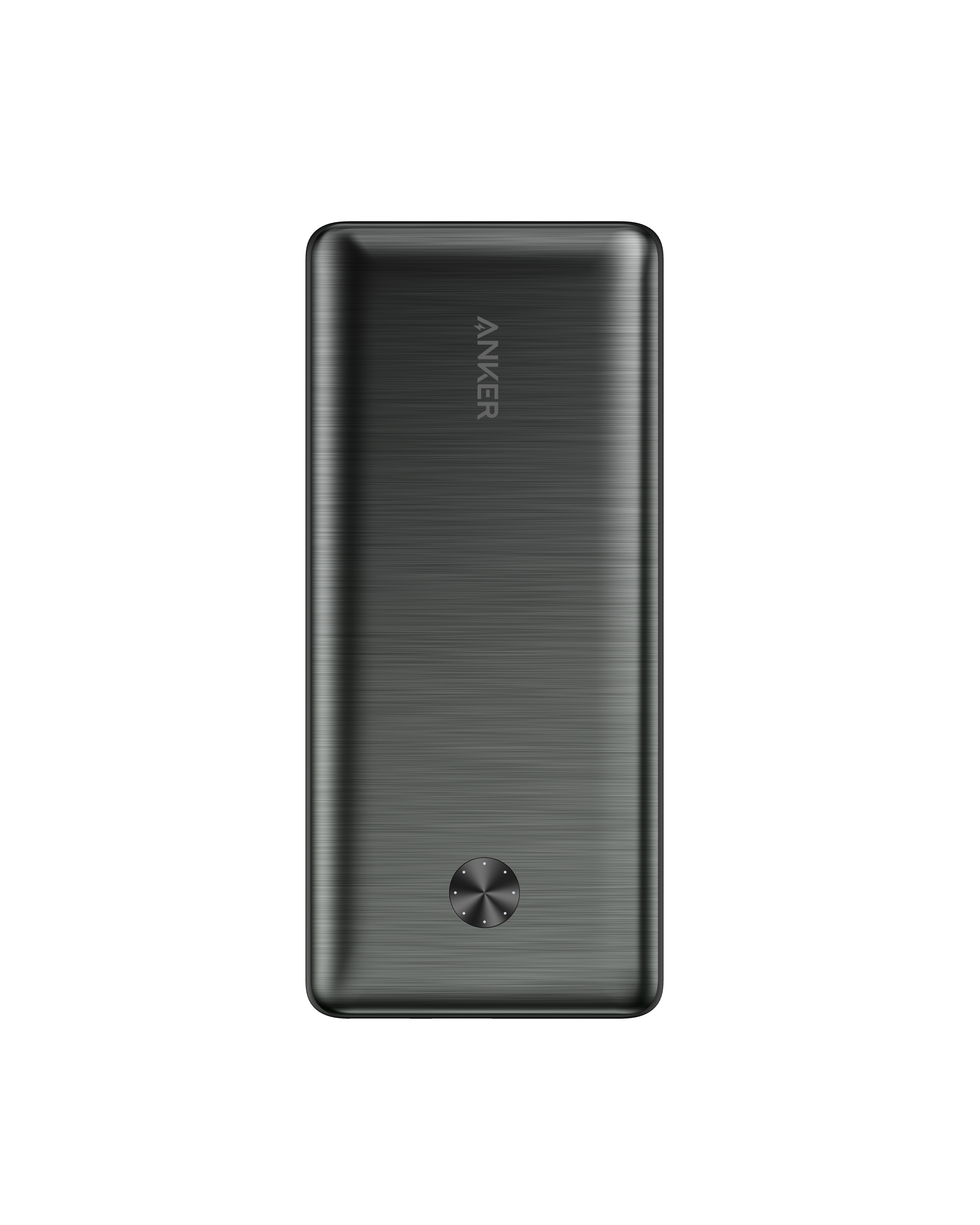 Un power bank Anker nero, forma rettangolare verticale, con superficie strutturata e un piccolo pulsante in basso.