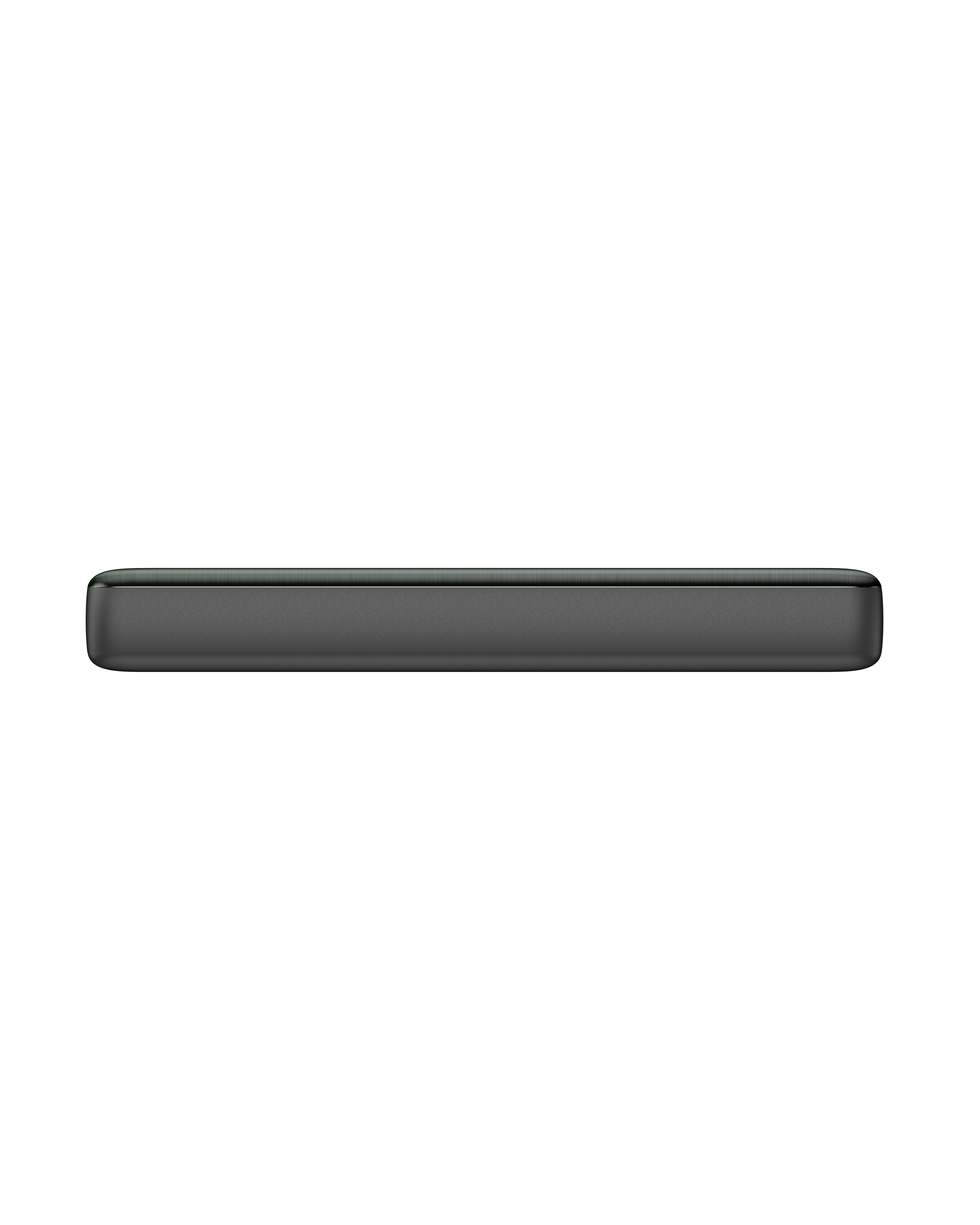 Dispositivo nero, rettangolare su sfondo bianco. È un design elegante e minimalista.