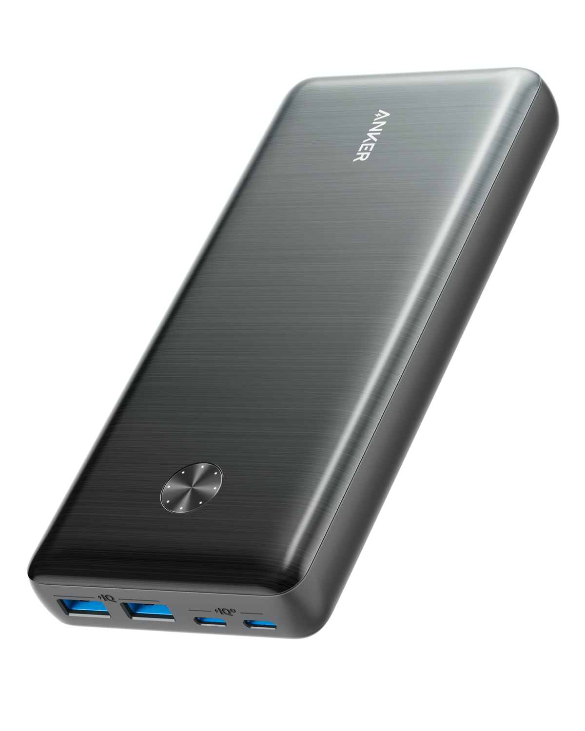Power bank Anker grigio scuro con un solo pulsante e porte USB, vista angolata.