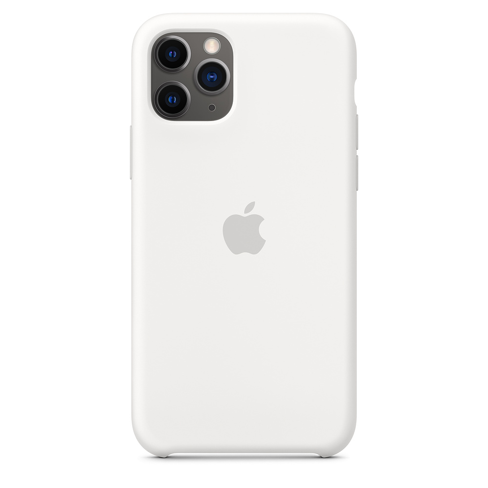 Weiße iPhone-Hülle mit Apple-Logo und Kamera, klares Design, Rückansicht.