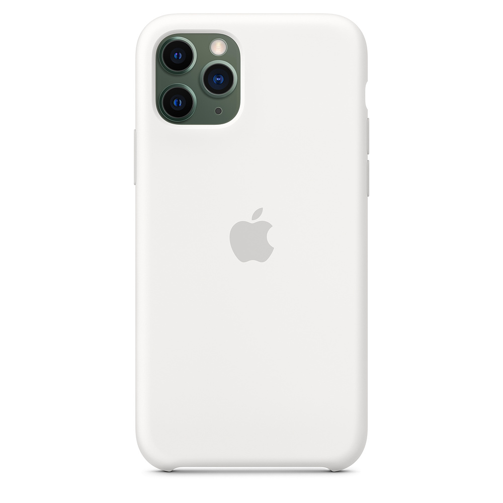 Weißes iPhone 11 Pro mit grünen Kameralinsen. Apple-Logo sichtbar. Einfache weiße Hülle.