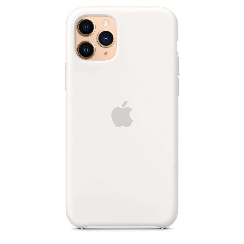 Weiße iPhone-Hülle mit drei Kameralinsen und Apple-Logo.