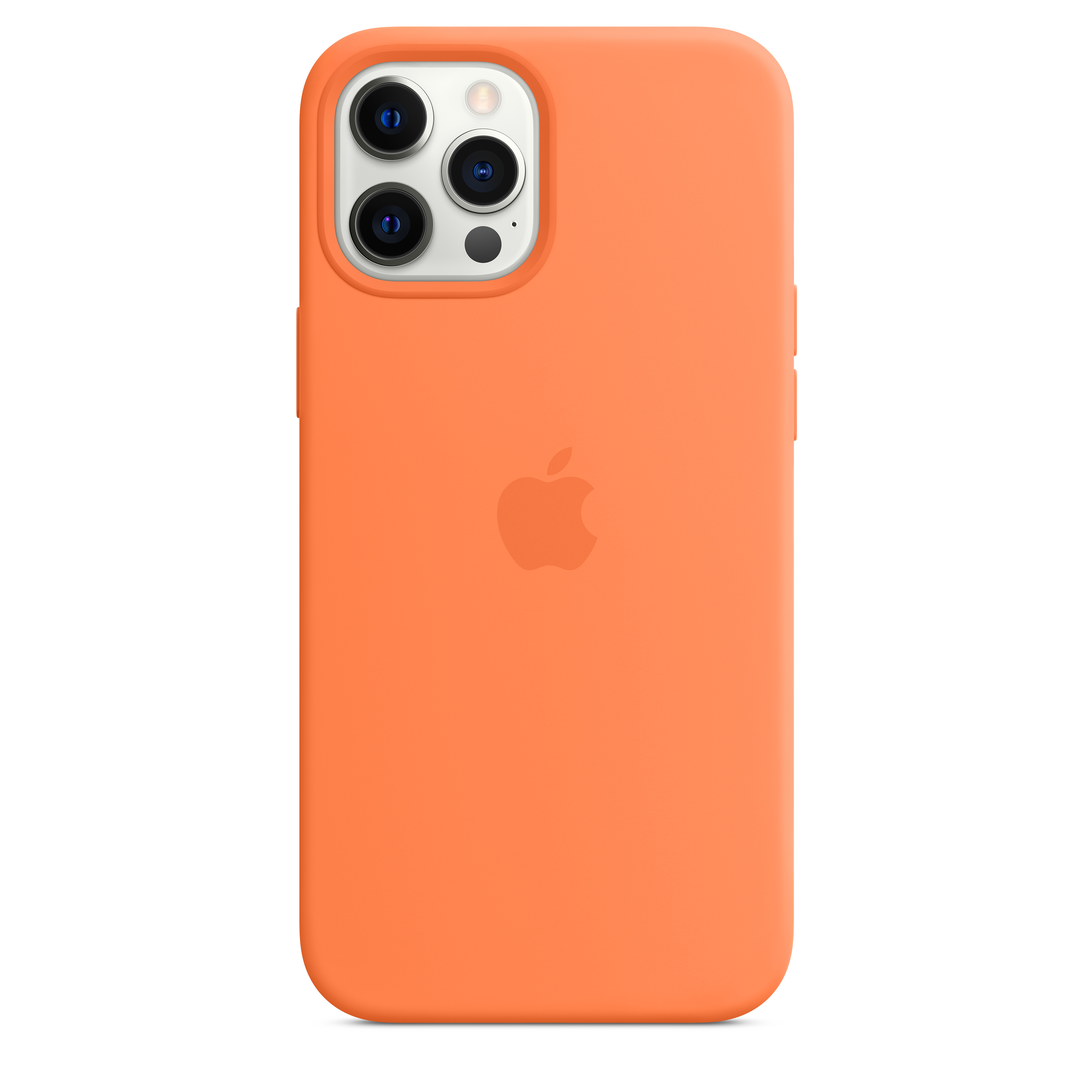 Oranje iPhone-hoesje met drie cameralenzen en Apple-logo.