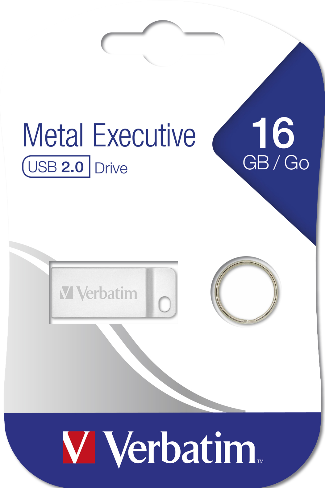 Weißer USB-Stick in einer Blisterpackung. Die Verpackung hat ein blaues und weißes Design. Weißer Hintergrund.