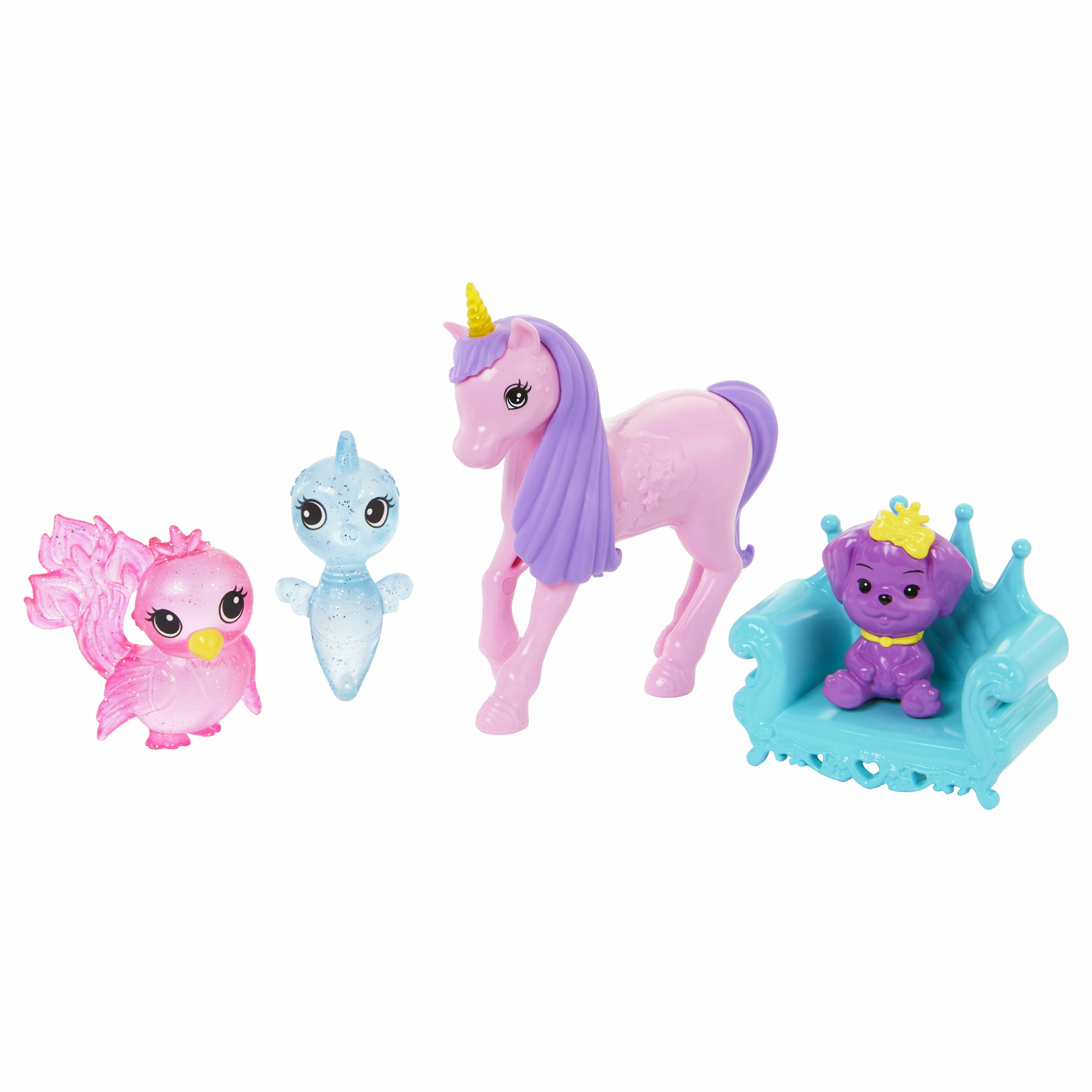 Zestaw zabawek z różowym jednorożcem, fioletowym psem na niebieskiej kanapie, ptakiem i błyszczącą niebieską figurką.