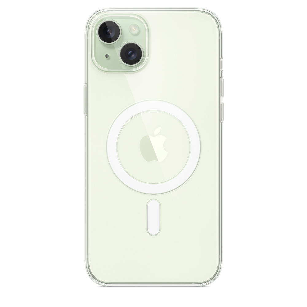 iPhone z przezroczystym etui, pokazujący logo Apple i aparat.