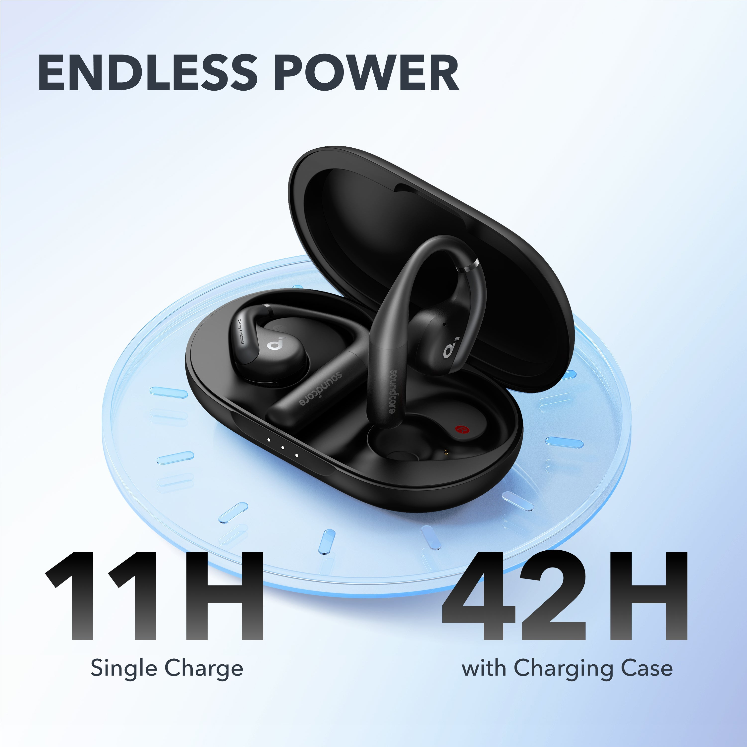 Auricolari wireless neri in una custodia di ricarica. Il testo indica 11 ore e 42 ore di durata della batteria.