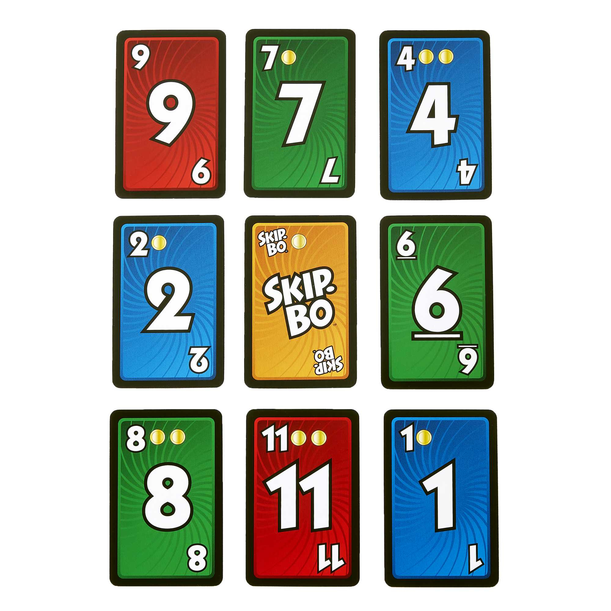 Dziewięć kart Skip-Bo: numery 1, 2, 4, 6, 7, 8, 9, 11 i karta Skip-Bo. Różne kolory.