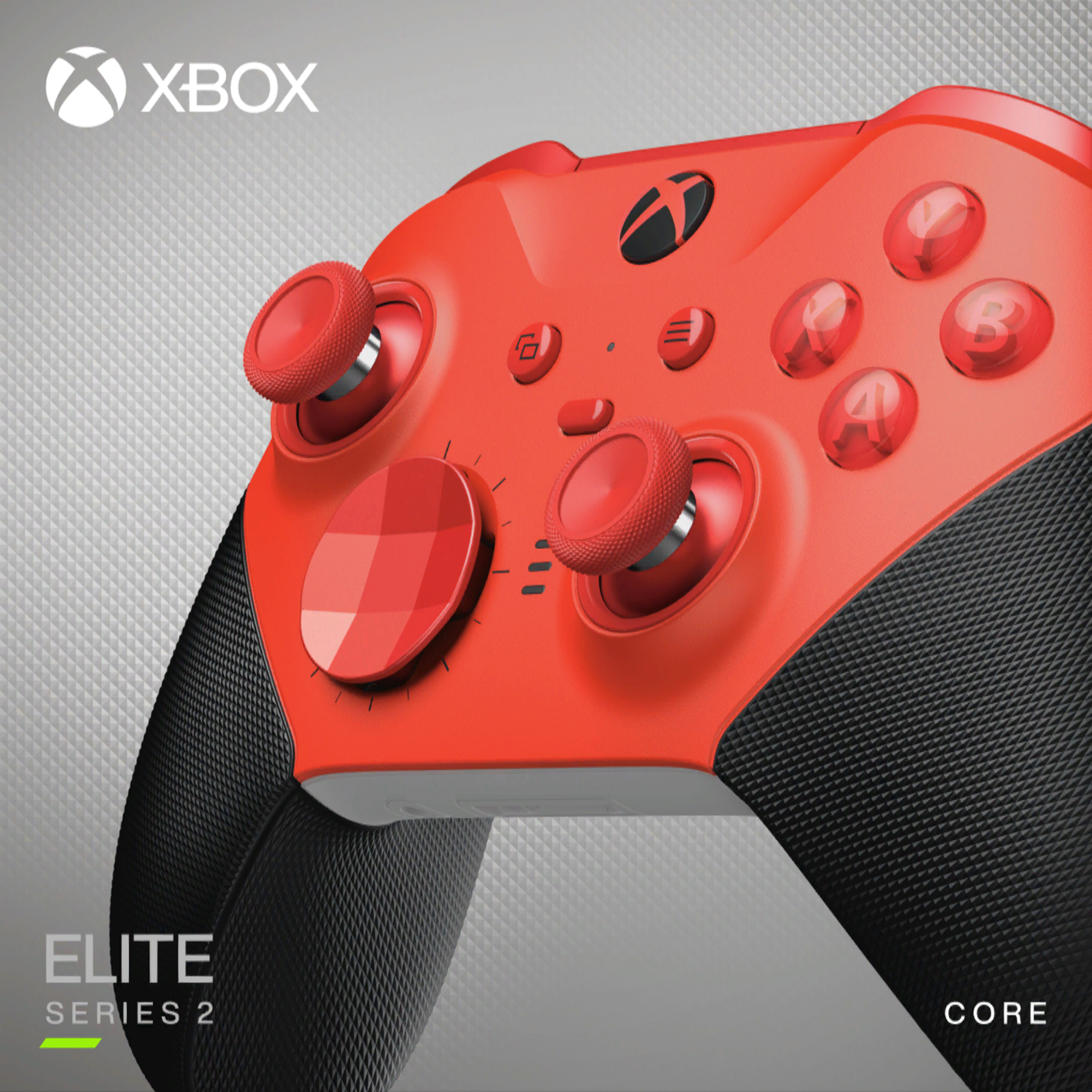 Mando Xbox Elite Series 2 rojo. Con botones, gatillos y agarres negros. El fondo es gris.