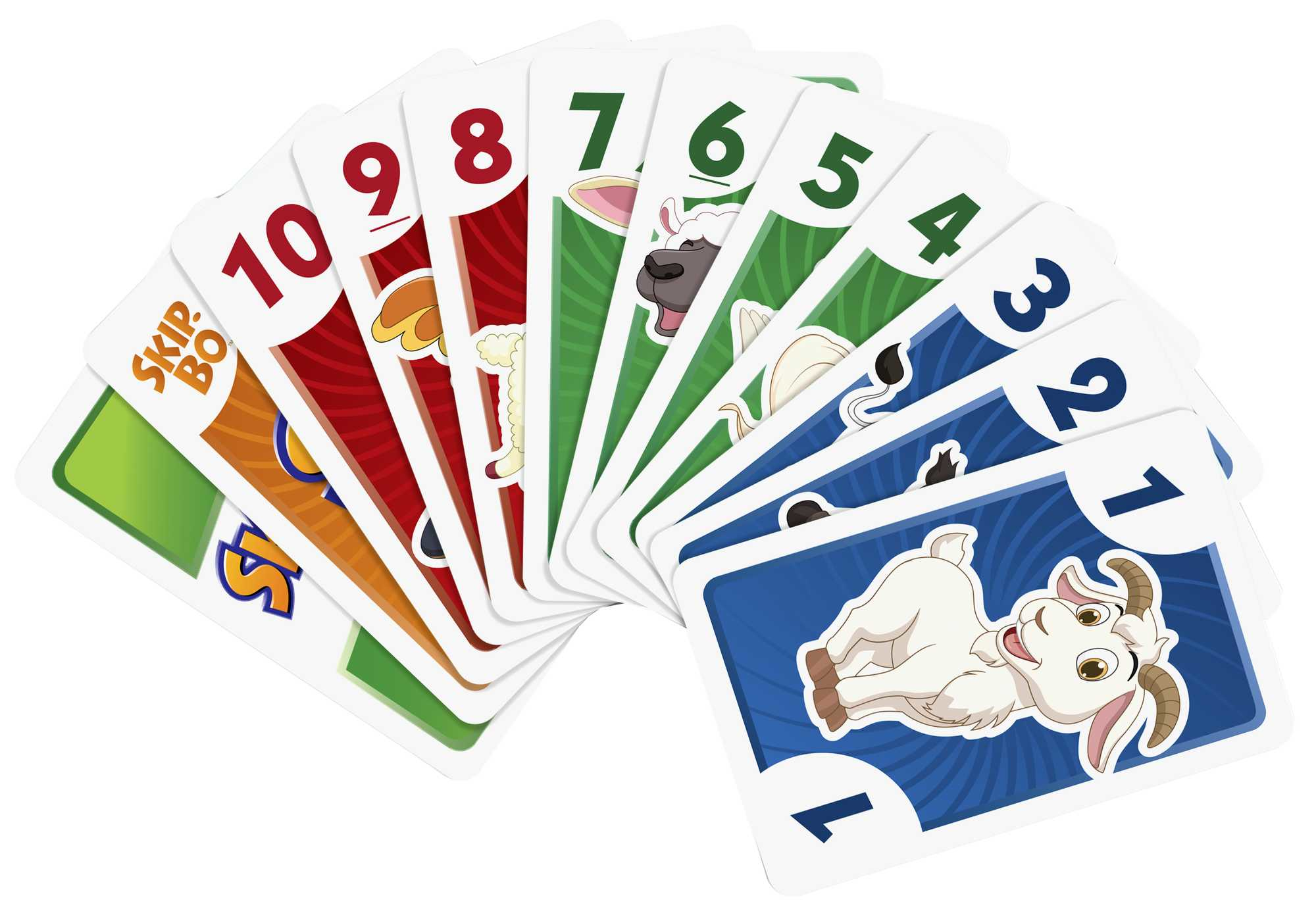 Jeu de cartes Skip-Bo. Cartes en éventail, numérotées de 1 à 10 avec des illustrations d'animaux.