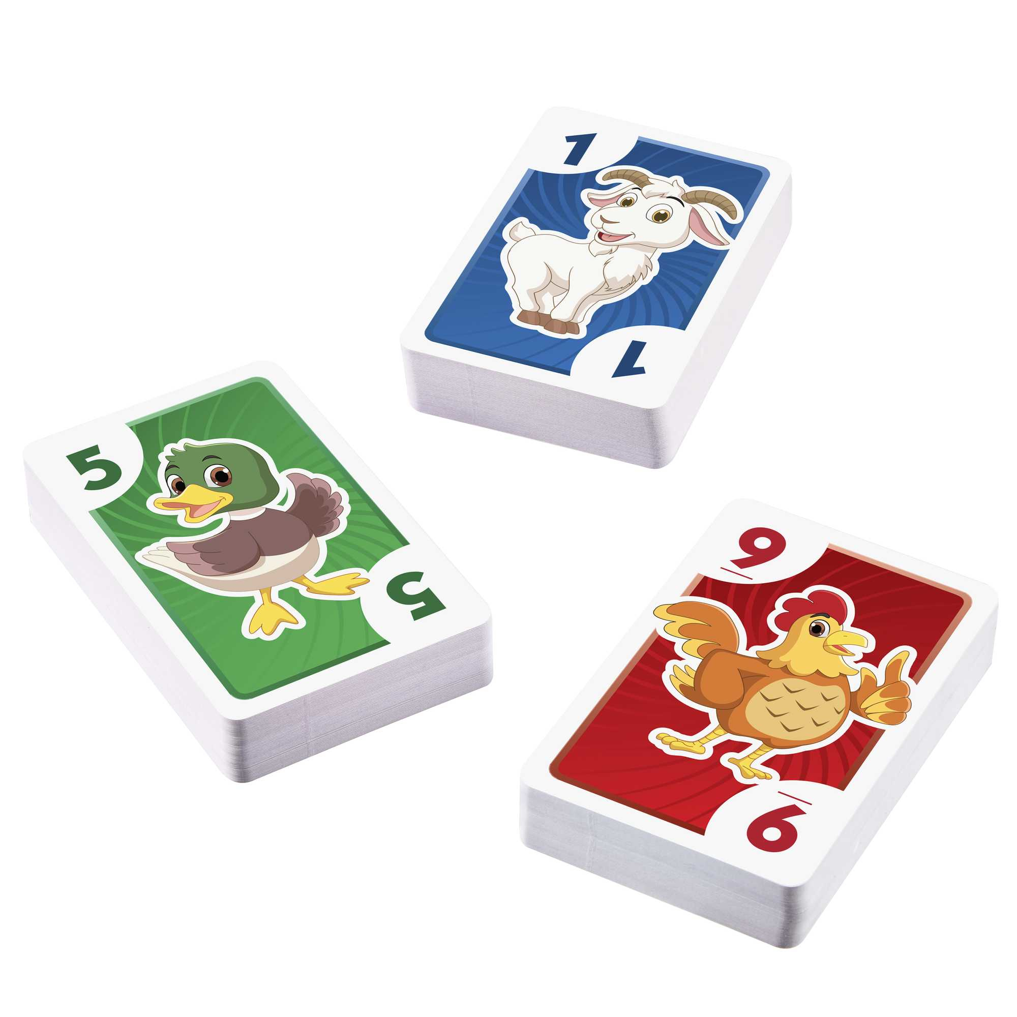 Cartes de jeu avec des illustrations de canard, chèvre et poulet.