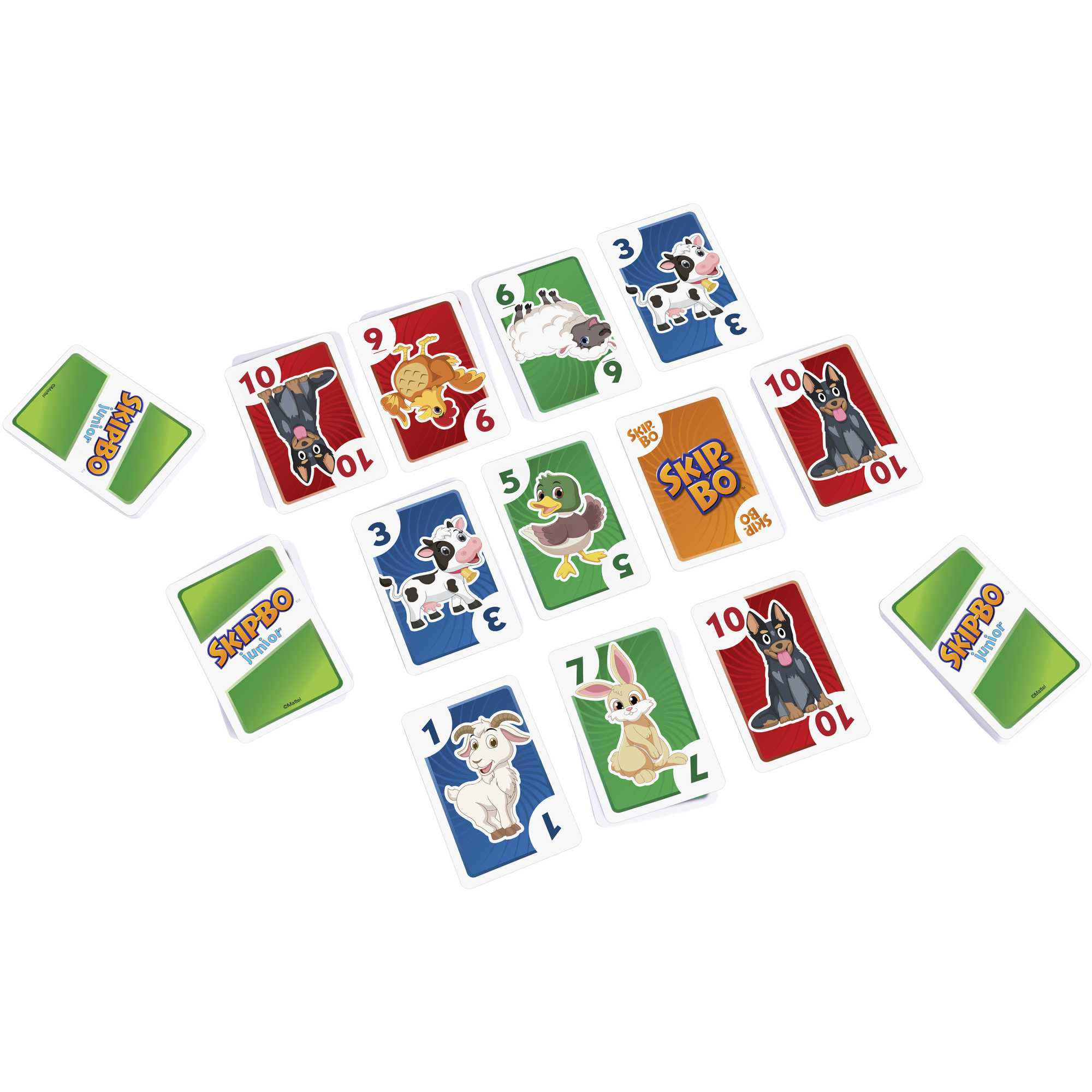 Jeu de cartes Skip-Bo Junior avec cartes disposées, avec cartes d'animaux et de chiffres.