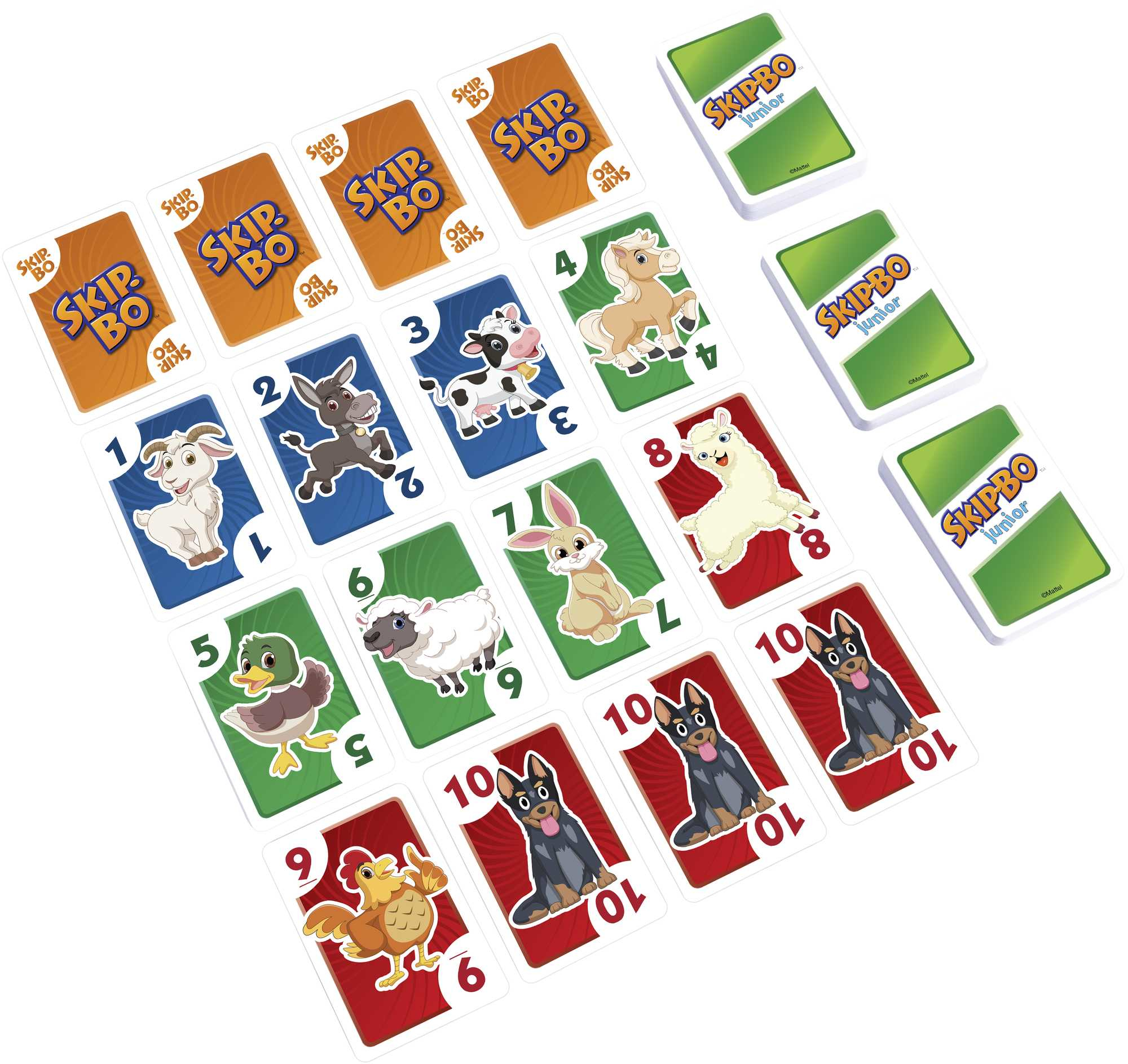 Cartes Skip Bo Junior et plusieurs jeux. Les cartes représentent des animaux de la ferme. Fond blanc.