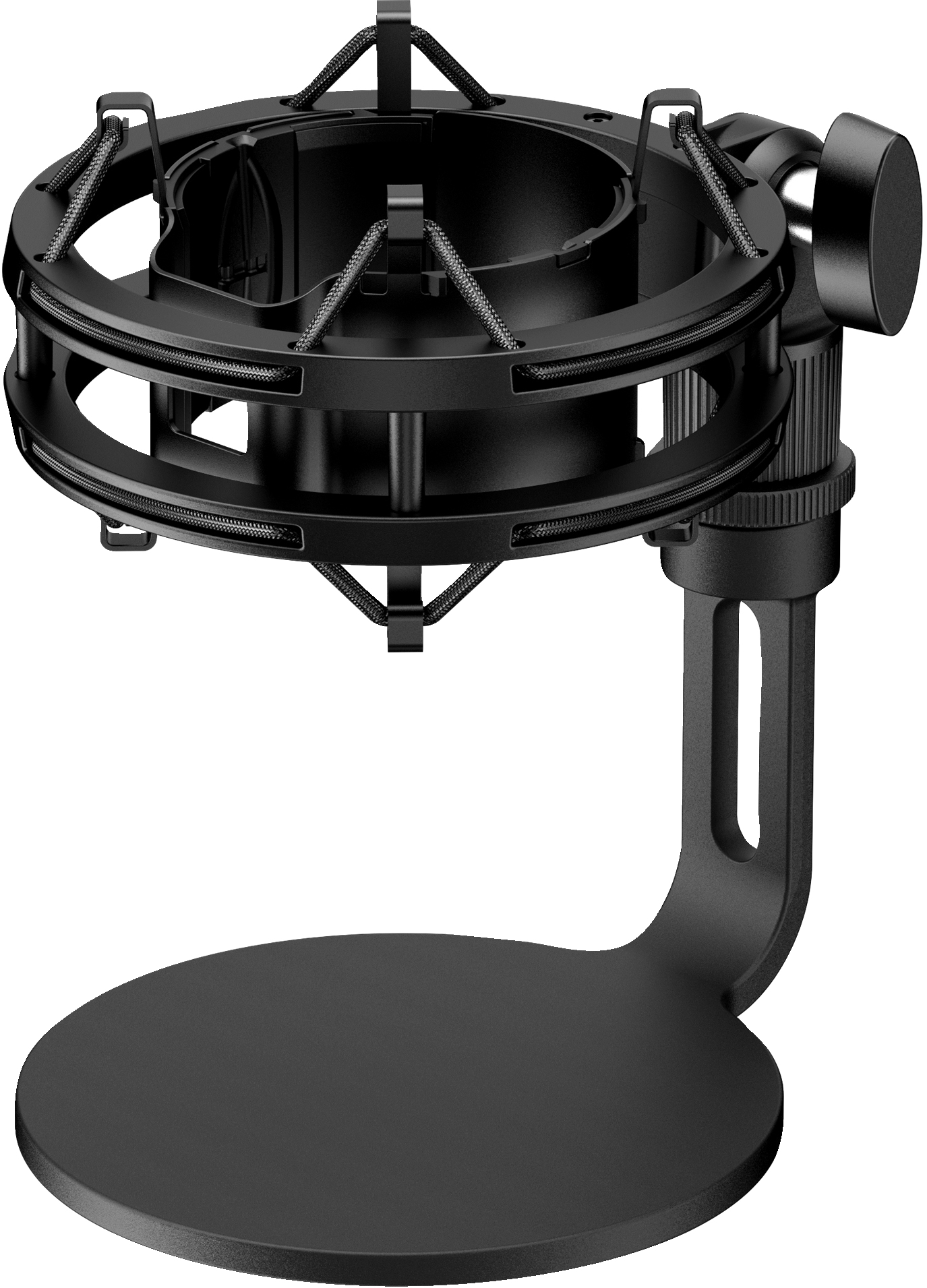 Support antichoc pour microphone noir. C'est une base ronde avec un bras supportant le support du microphone.