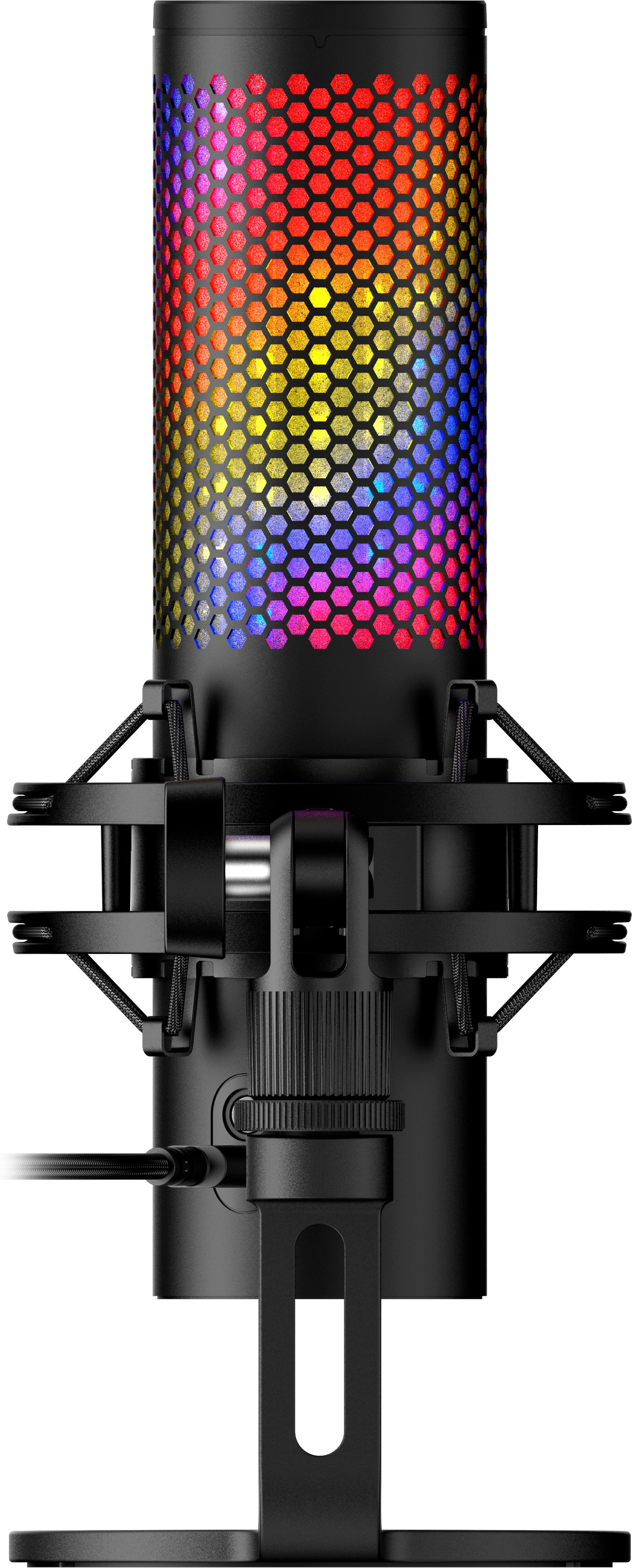 Microphone noir avec lumières colorées. Support noir. Fond blanc.
