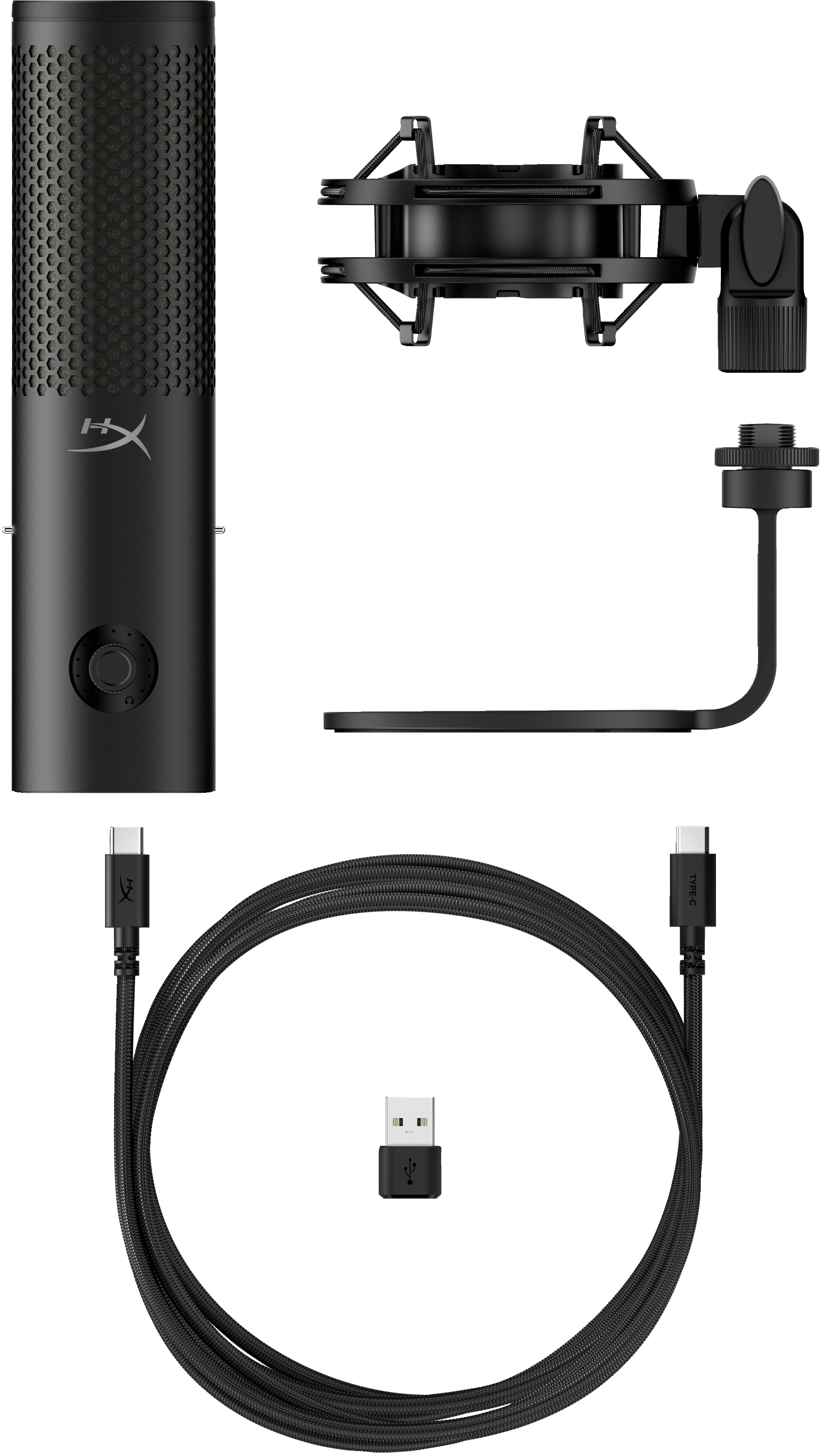 Kit micro HyperX noir avec accessoires et câble.