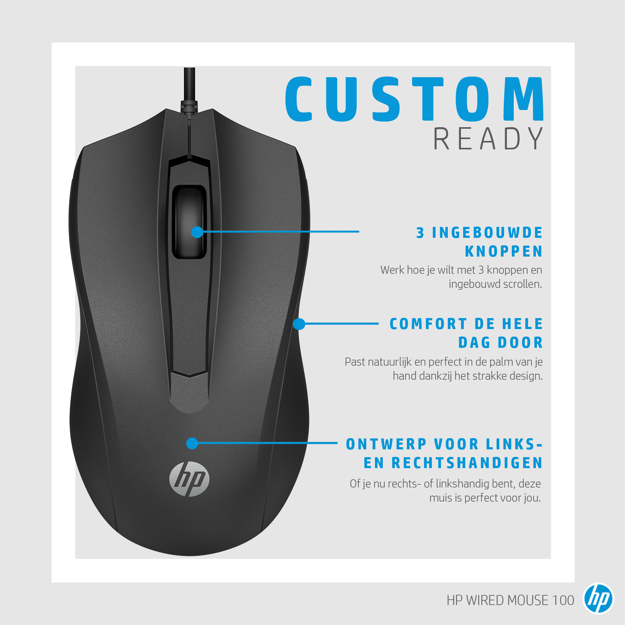 Czarna mysz HP z tekstem o 3 wbudowanych przyciskach, komforcie i designie dla lewo/praworęcznych.