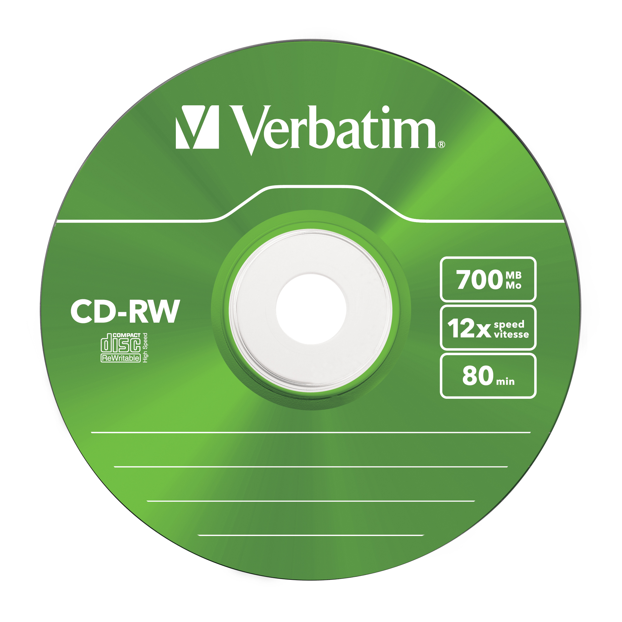Zielona płyta CD-RW z tekstem i numerami, w tym "Verbatim" i "700 MB".