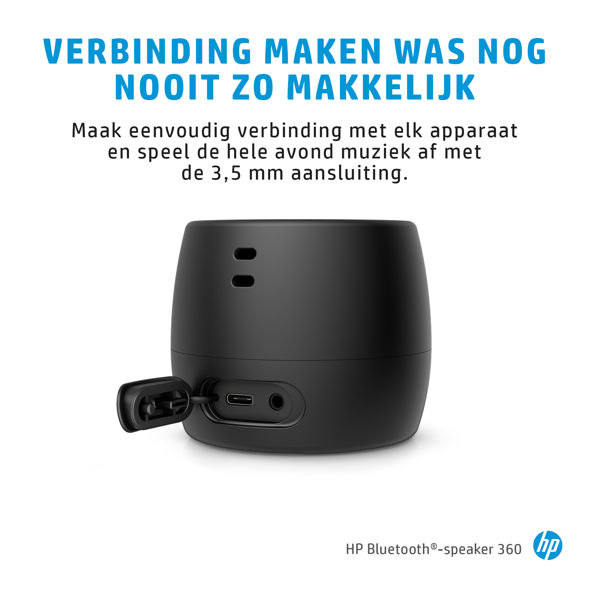 Czarny głośnik z otwartym portem, tekst: "Łączenie nigdy nie było tak proste." Białe tło, logo HP.