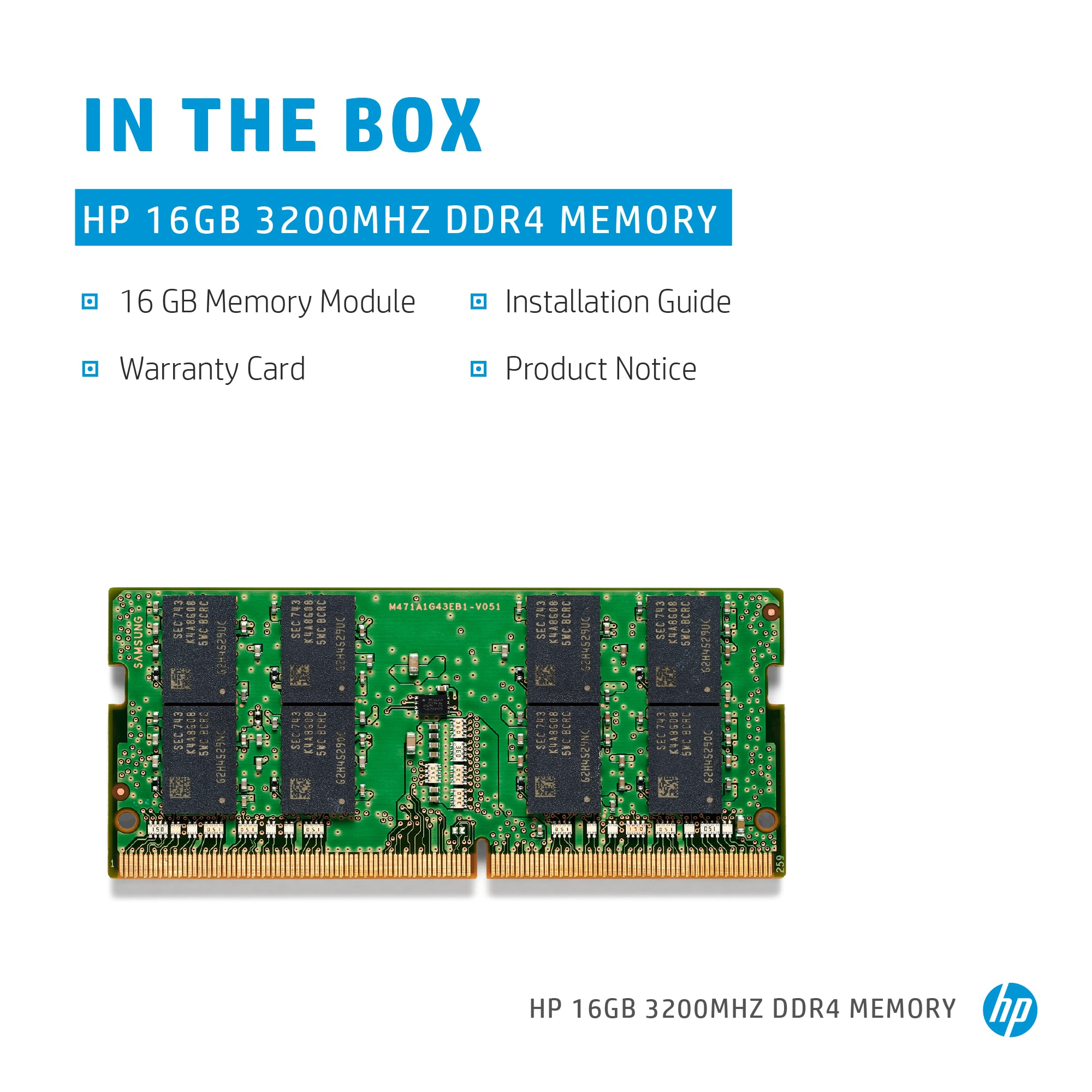 Modulo di memoria HP 16GB DDR4 con elementi inclusi: memoria, guida all'installazione, garanzia e avviso.