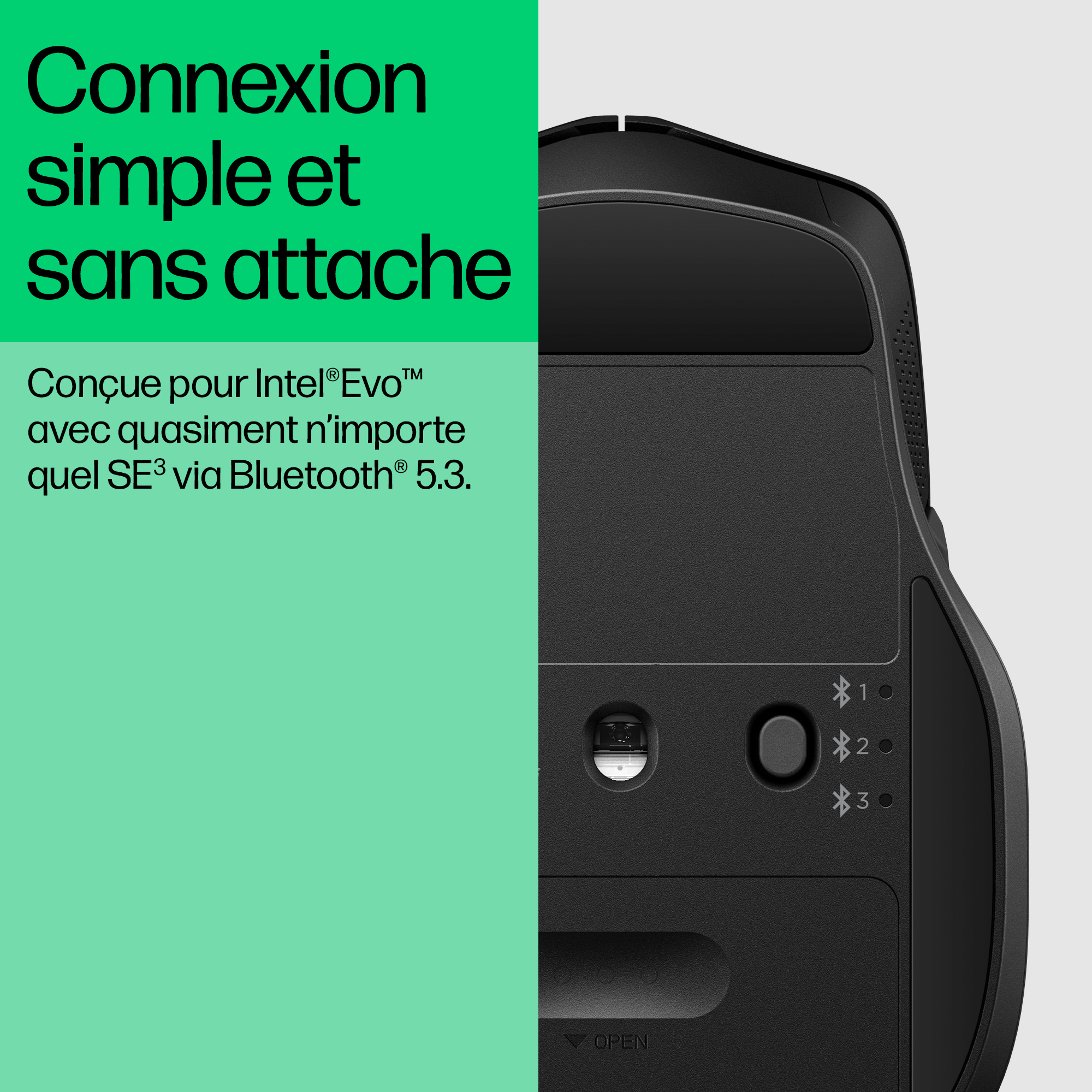 Czarna podstawa myszy, białe tło, tekst po lewej, przyciski po prawej.