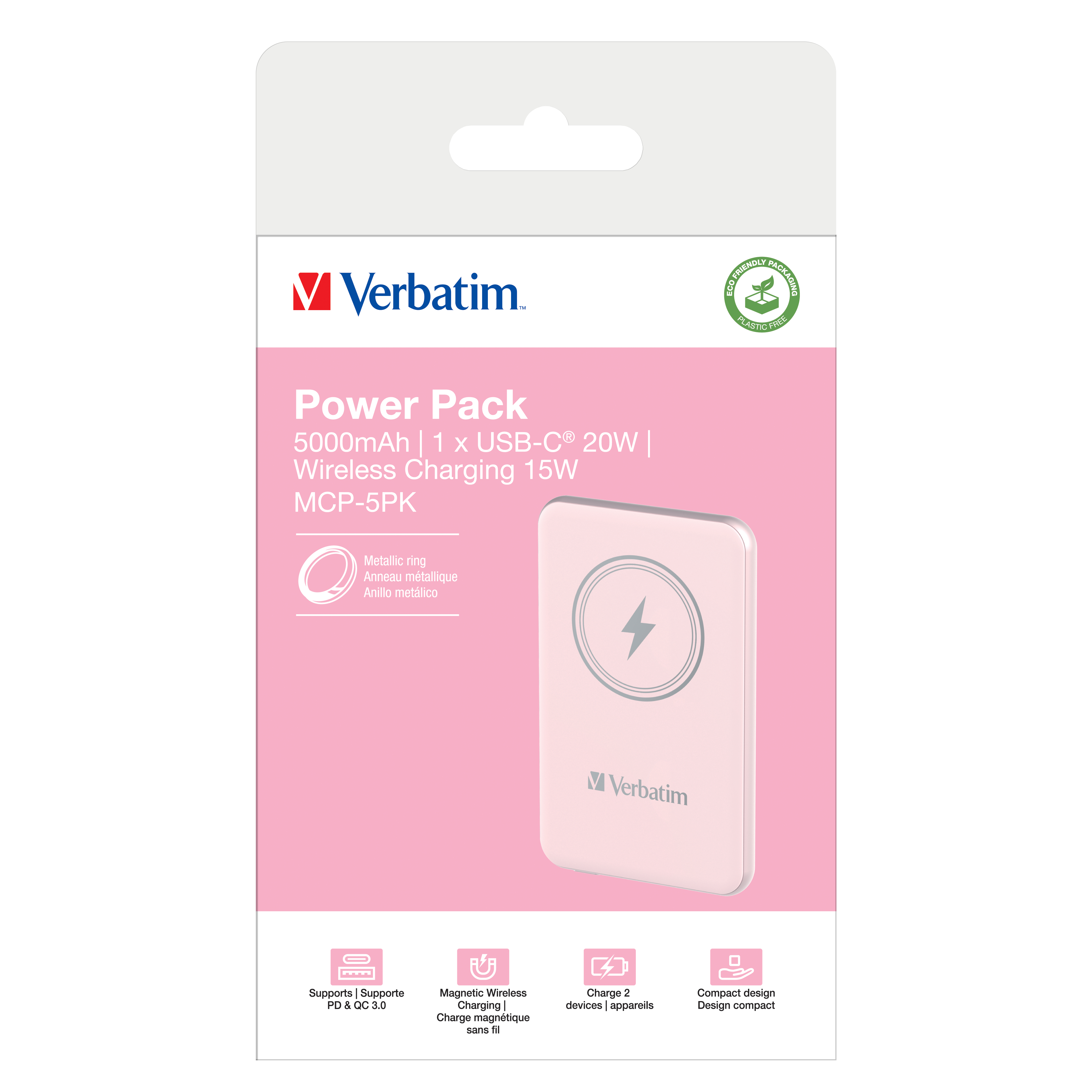 Een witte powerbank verpakking met een draadloze oplader afbeelding en het Verbatim logo.