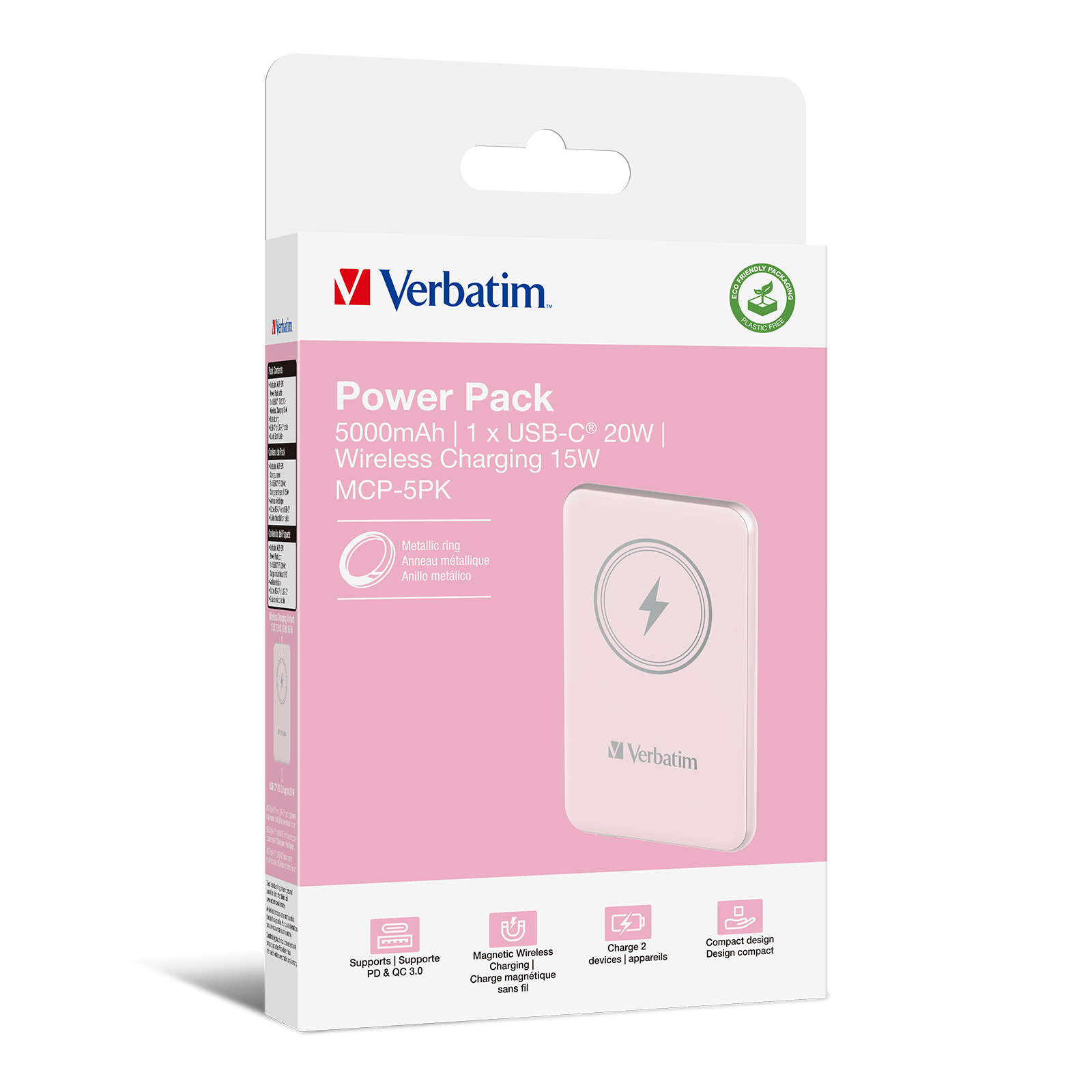 Een Verbatim Power Pack doos met een draadloze oplader en tekst. De doos staat op een witte achtergrond.