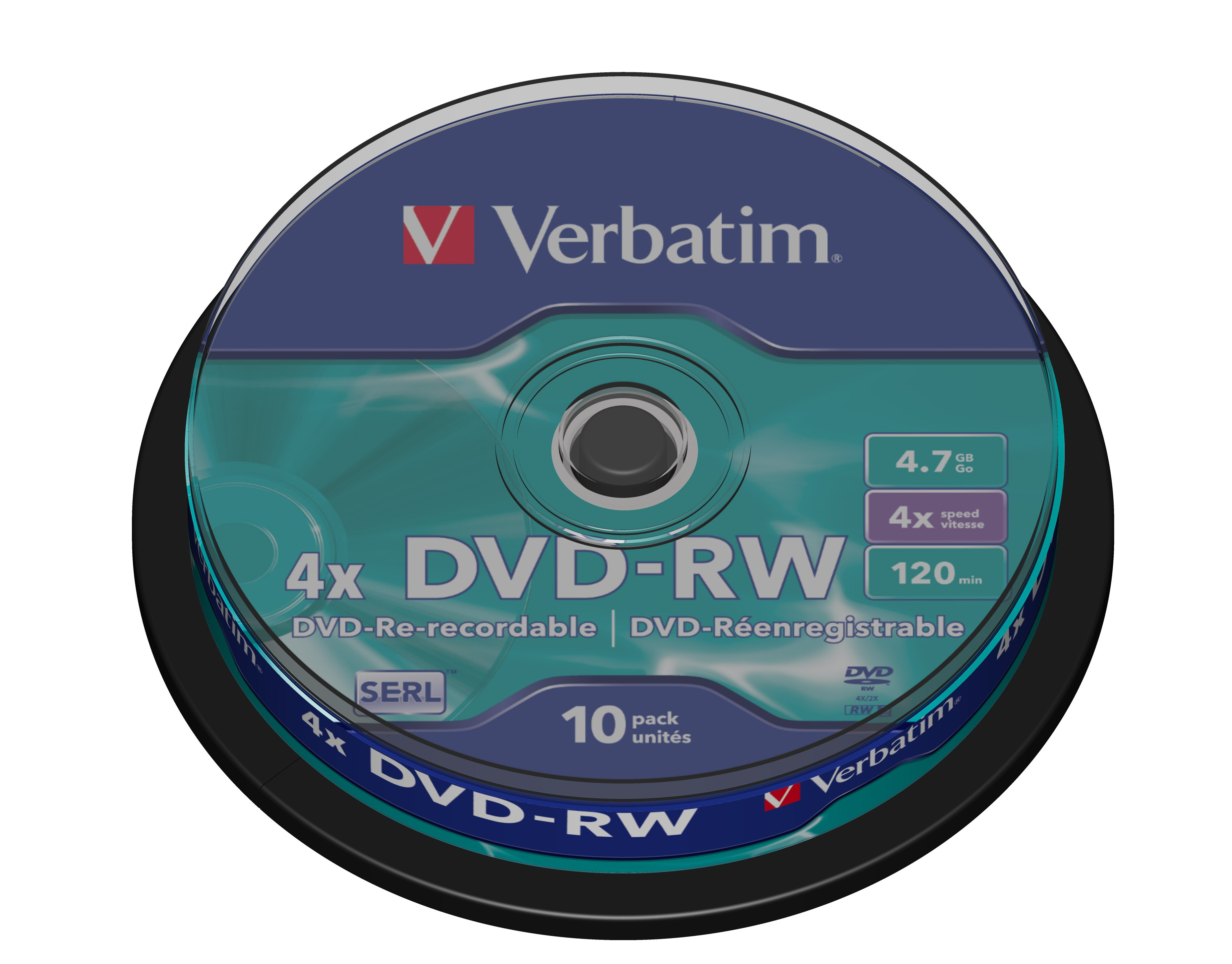 Dysk DVD-RW. Niebiesko-biała etykieta. Napis 4x DVD-RW, 120 min, 4.7 GB Go.