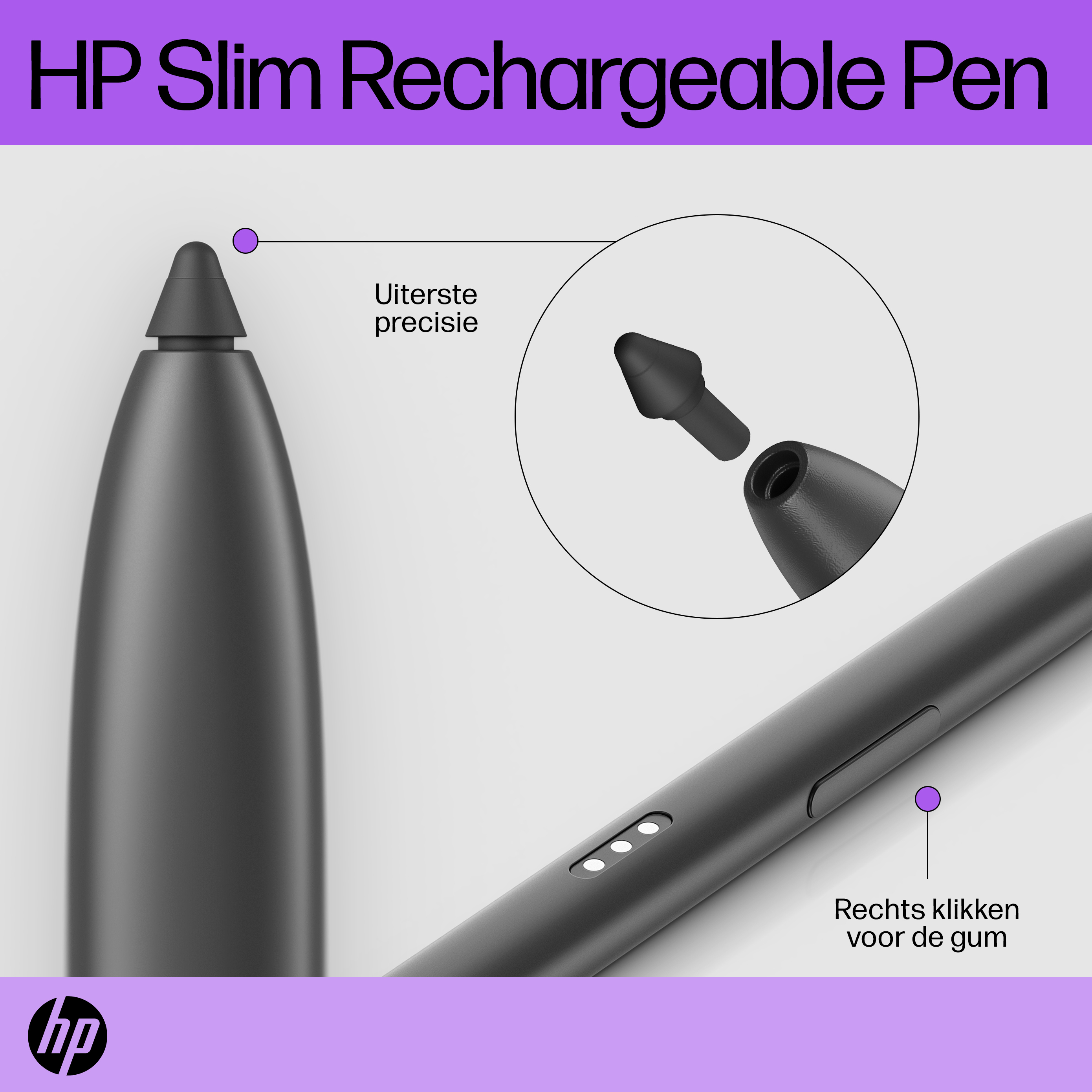 HP Slim Rechargeable Pen. Zbliżenie na pióro i jego końcówkę. Tekst: 'Uiterste precisie'.