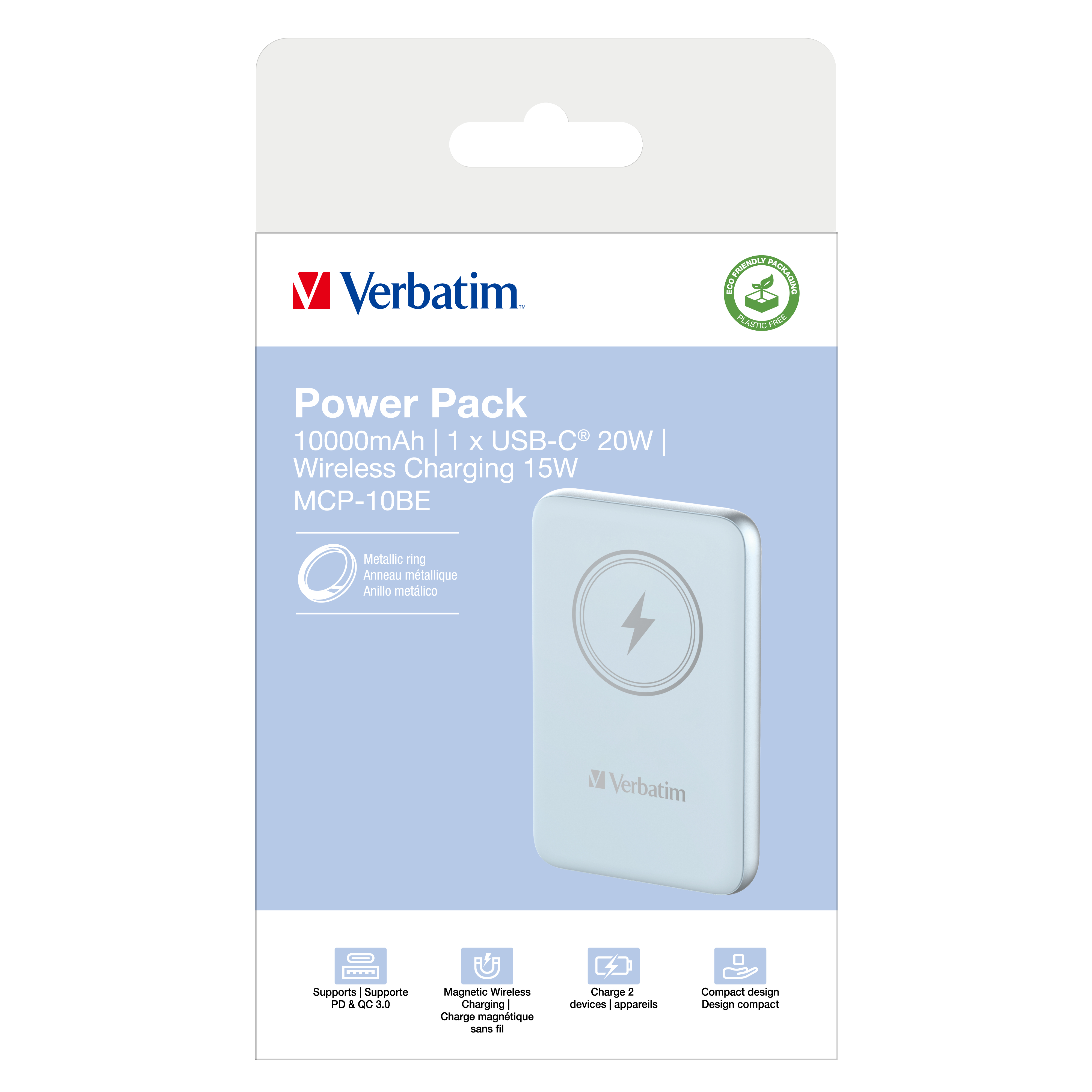 Een witte Verbatim Power Pack met een oplaadpad, verpakt met productdetails.
