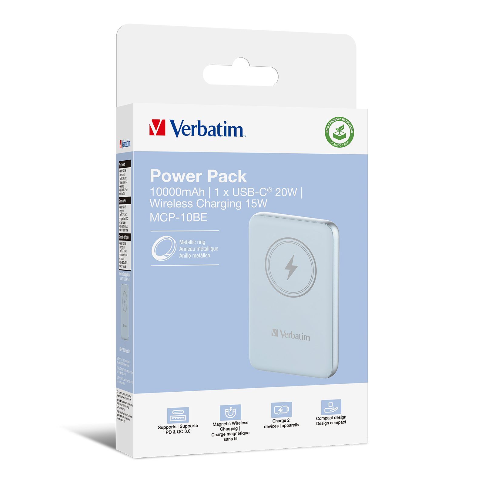 Powerbank in een witte doos met een afbeelding van de oplader op de voorkant. Het merk is Verbatim.