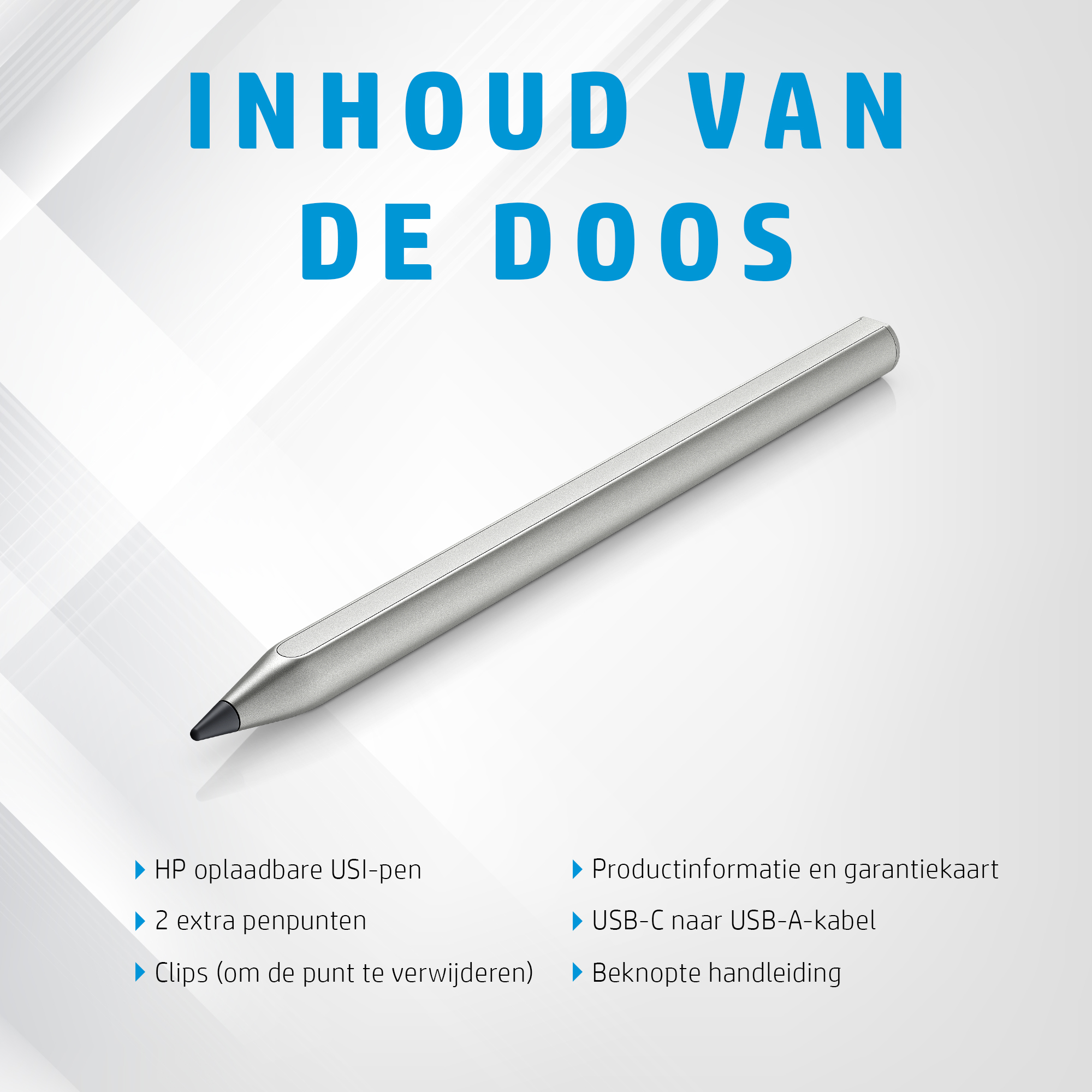 Srebrny cyfrowy długopis HP z czarną końcówką, z listą funkcji.