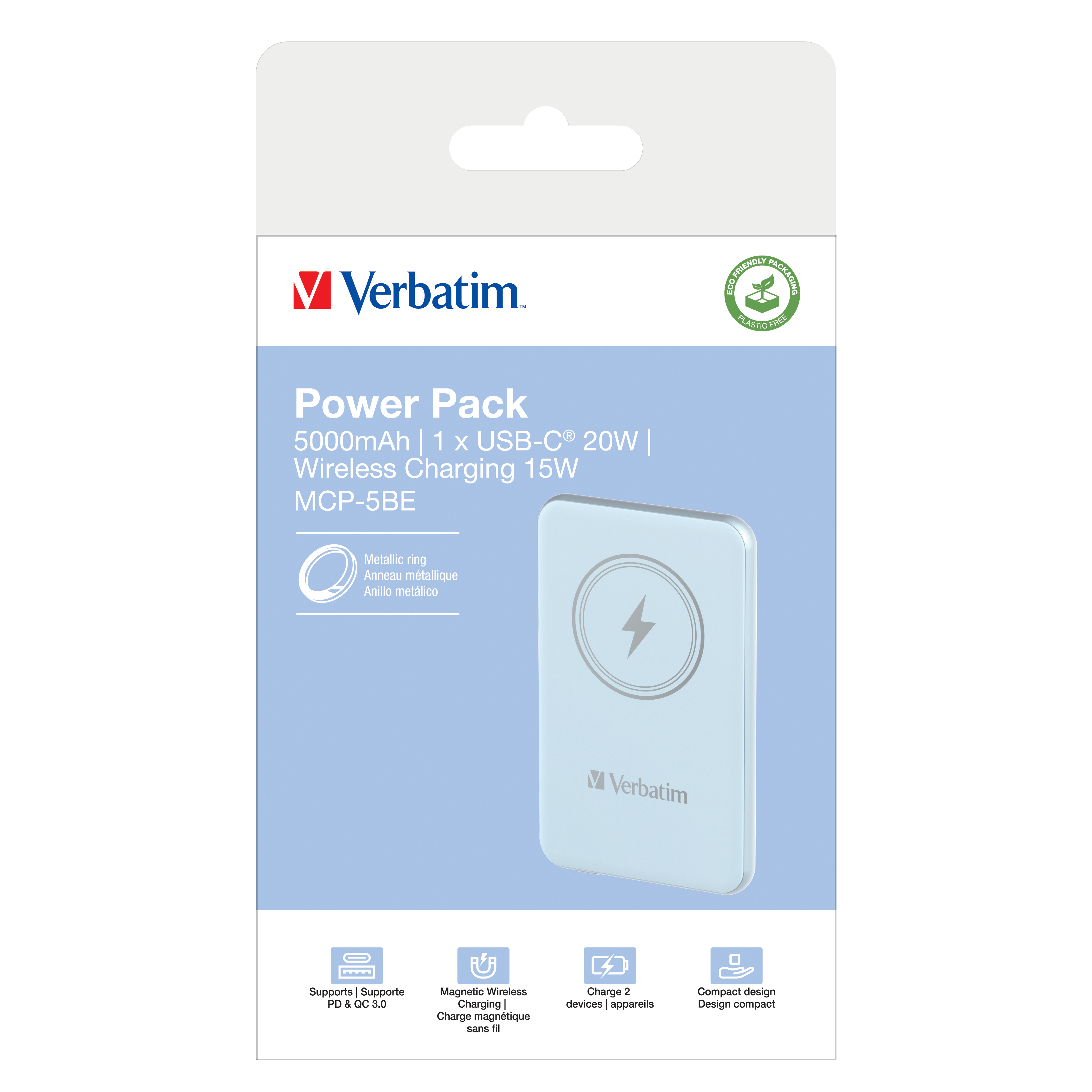 Een witte powerbank met een bliksemsymbool, verpakking met tekst.