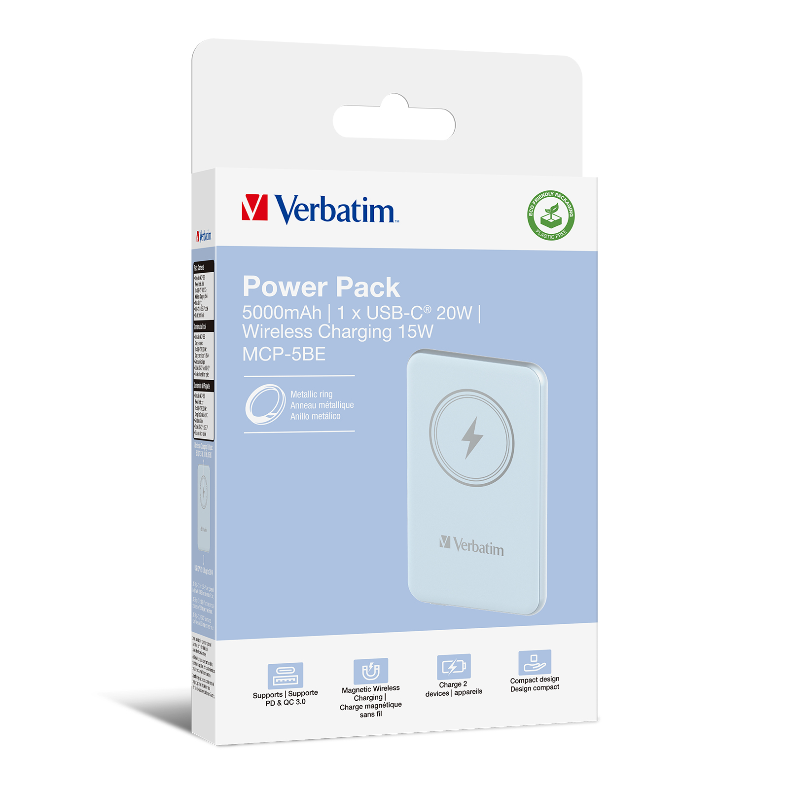 Powerbank in doos, tekst: Power Pack, draadloos opladen. Witte achtergrond.