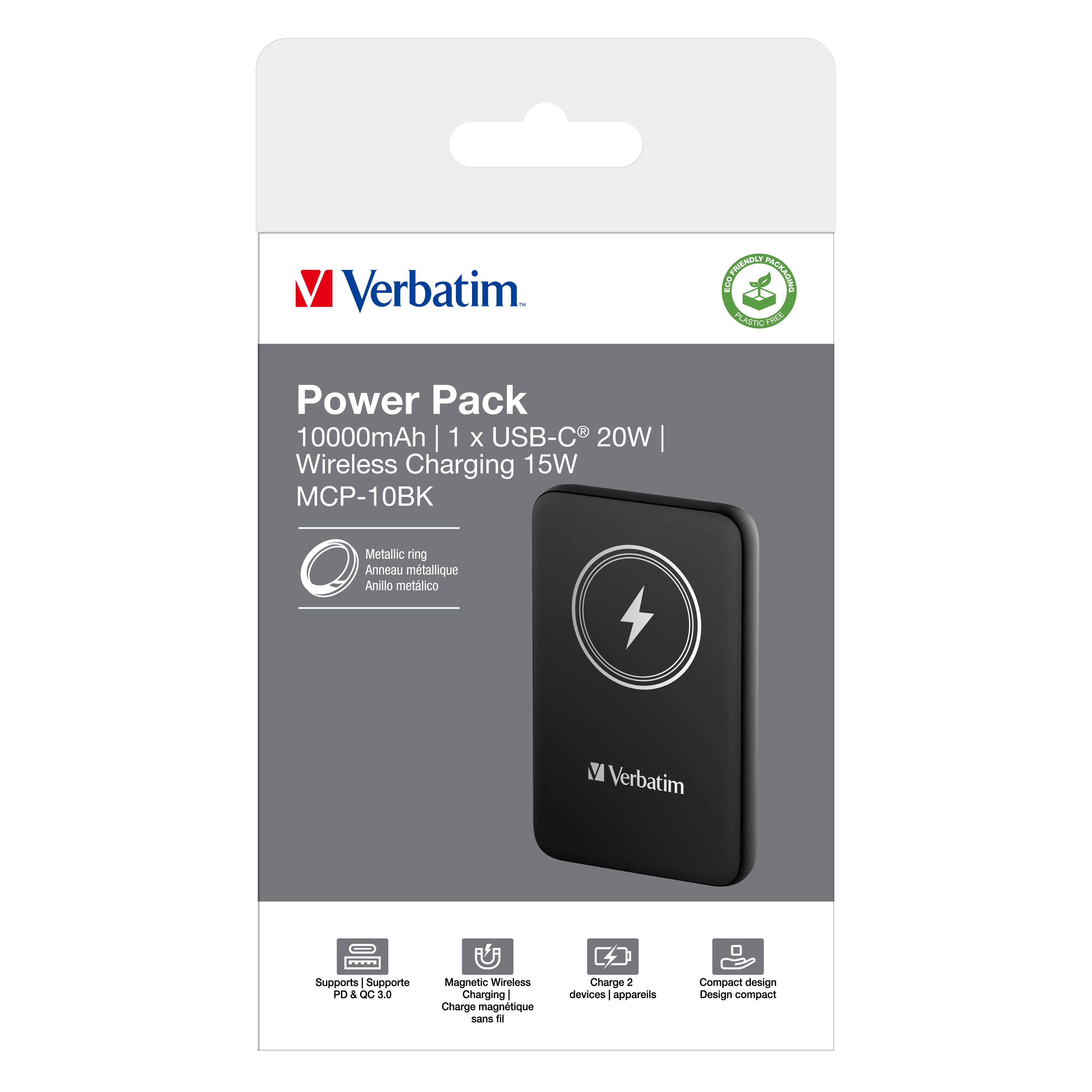 Powerbank verpakking. Zwarte powerbank met bliksemsymbool. Witte achtergrond met productdetails.