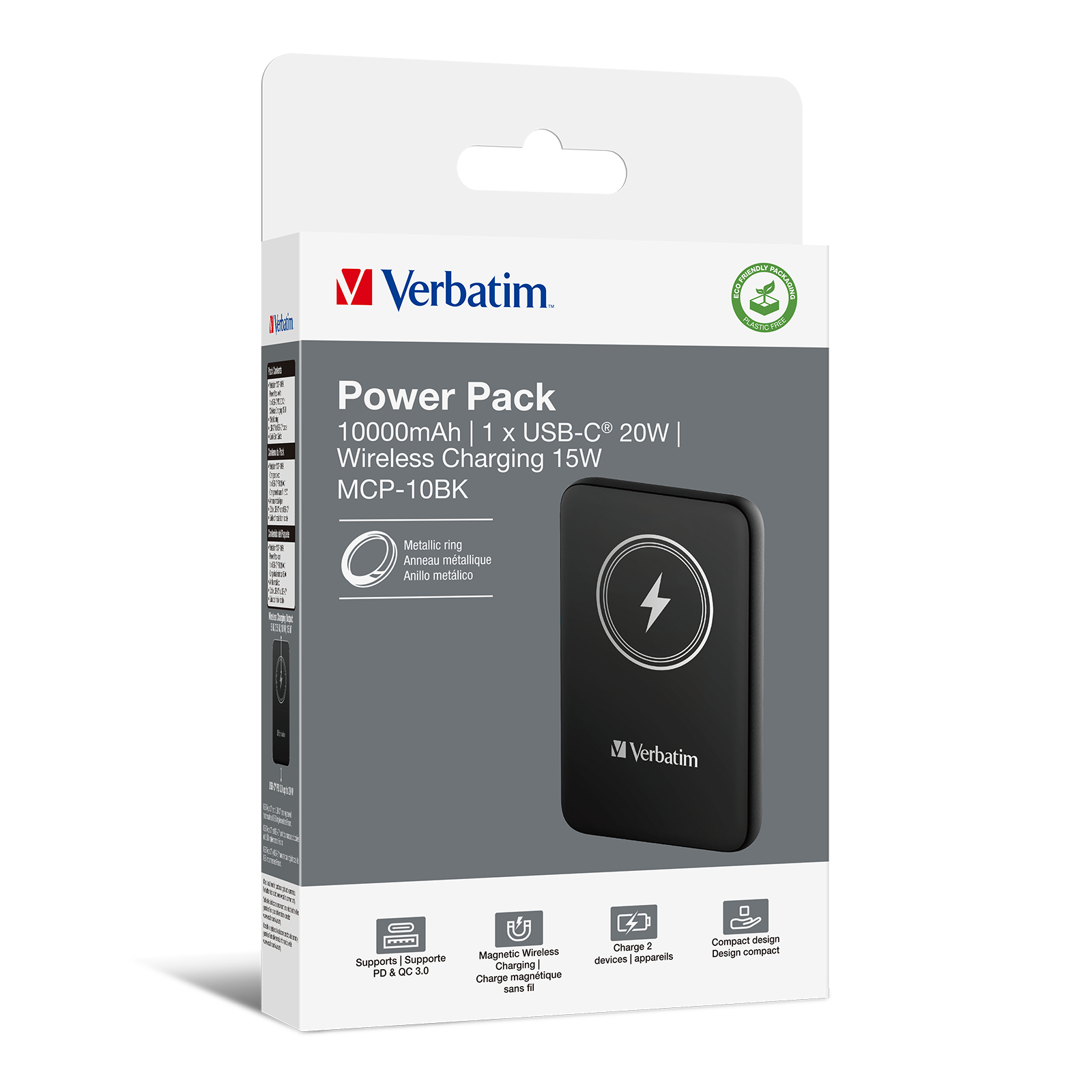 Verbatim Power Pack doos. Zwarte powerbank zichtbaar. Inclusief USB-C en draadloos opladen.