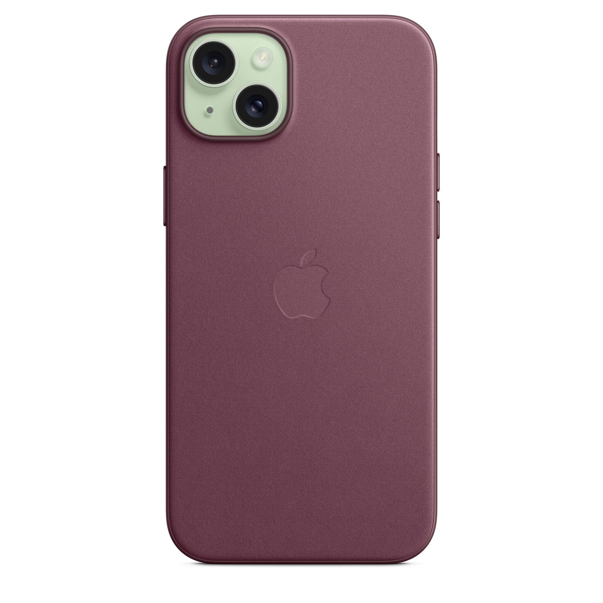 Een paarse iPhone in een paarse hoes. De camera heeft drie lenzen. Het Apple-logo is zichtbaar.