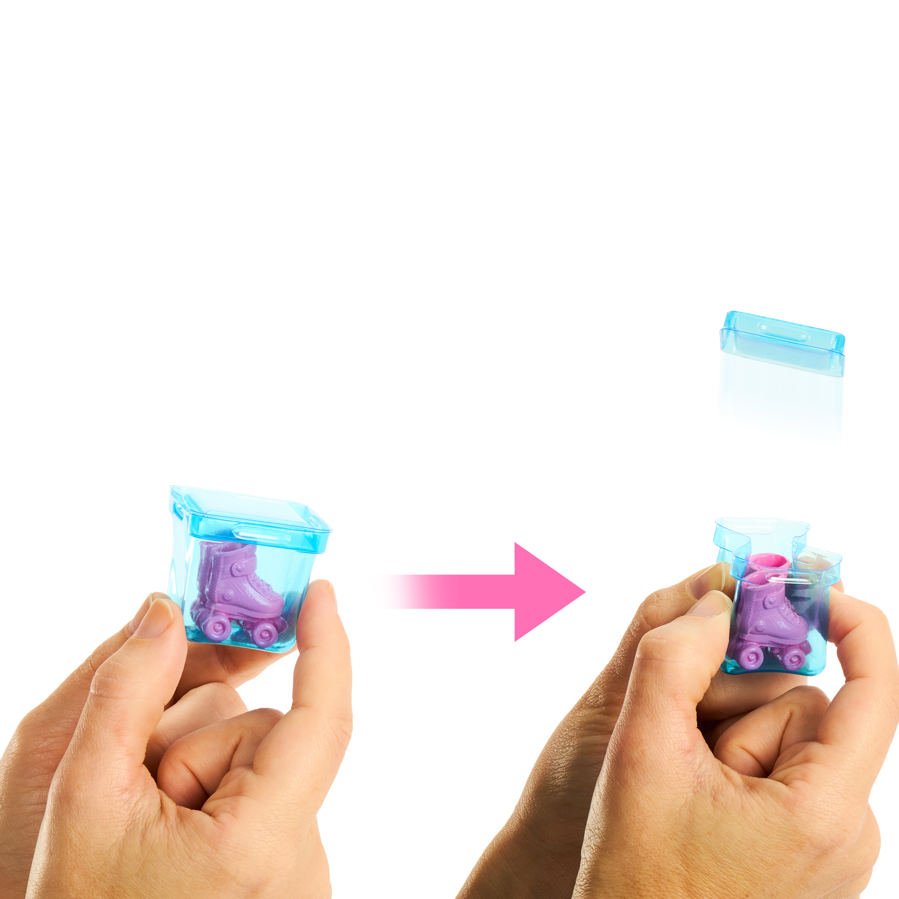 Hände halten Miniatur-Rollschuhe in einem transparenten Behälter. Pfeil zeigt auf die Schlittschuhe. Weißer Hintergrund.