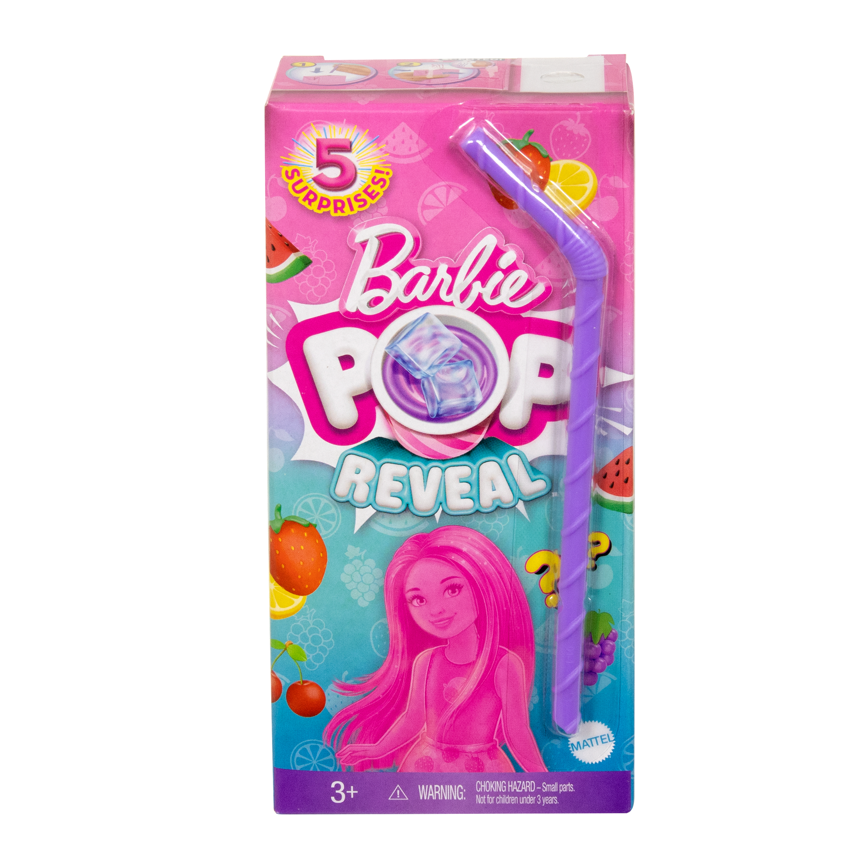Rosa Barbie Pop Reveal-Box mit lila Strohhalm. Enthält eine Puppe und Fruchtbilder.