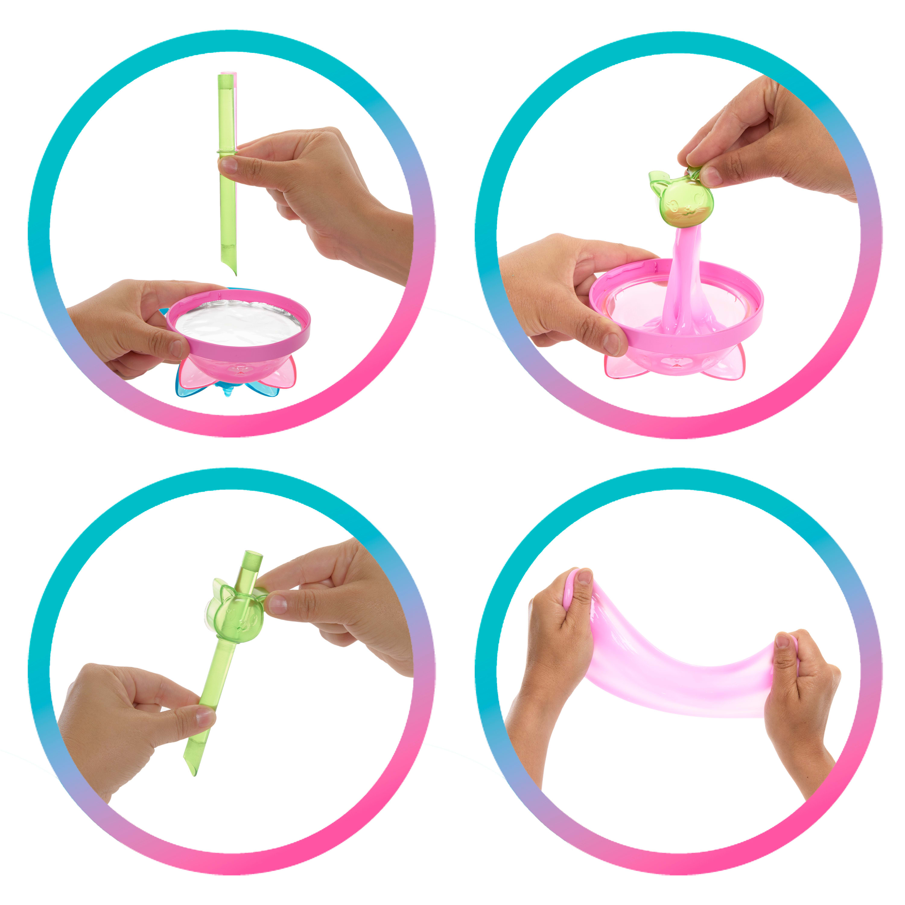 Cztery obrazy przedstawiające ręce składające zabawkę. Zawiera lustro i slime.