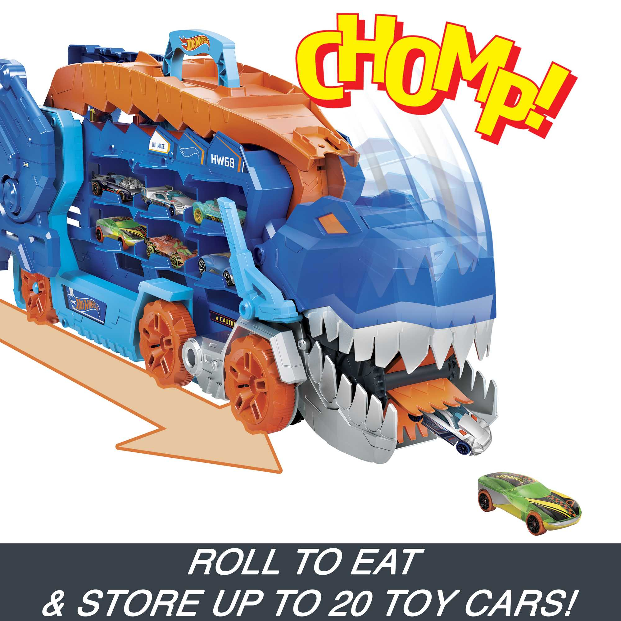 Un camión de juguete Hot Wheels azul con coches dentro y texto 'ROLL TO EAT & STORE UP TO 20 TOY CARS'.