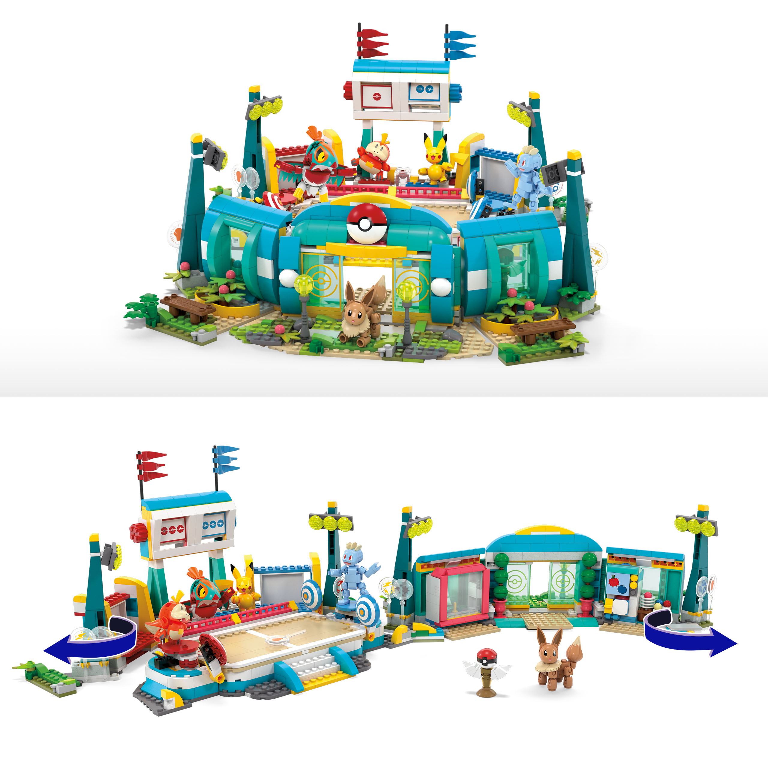 Ein Lego-Set, eine Pokemon-Kampfarena, mit mehreren Pokemon-Figuren.